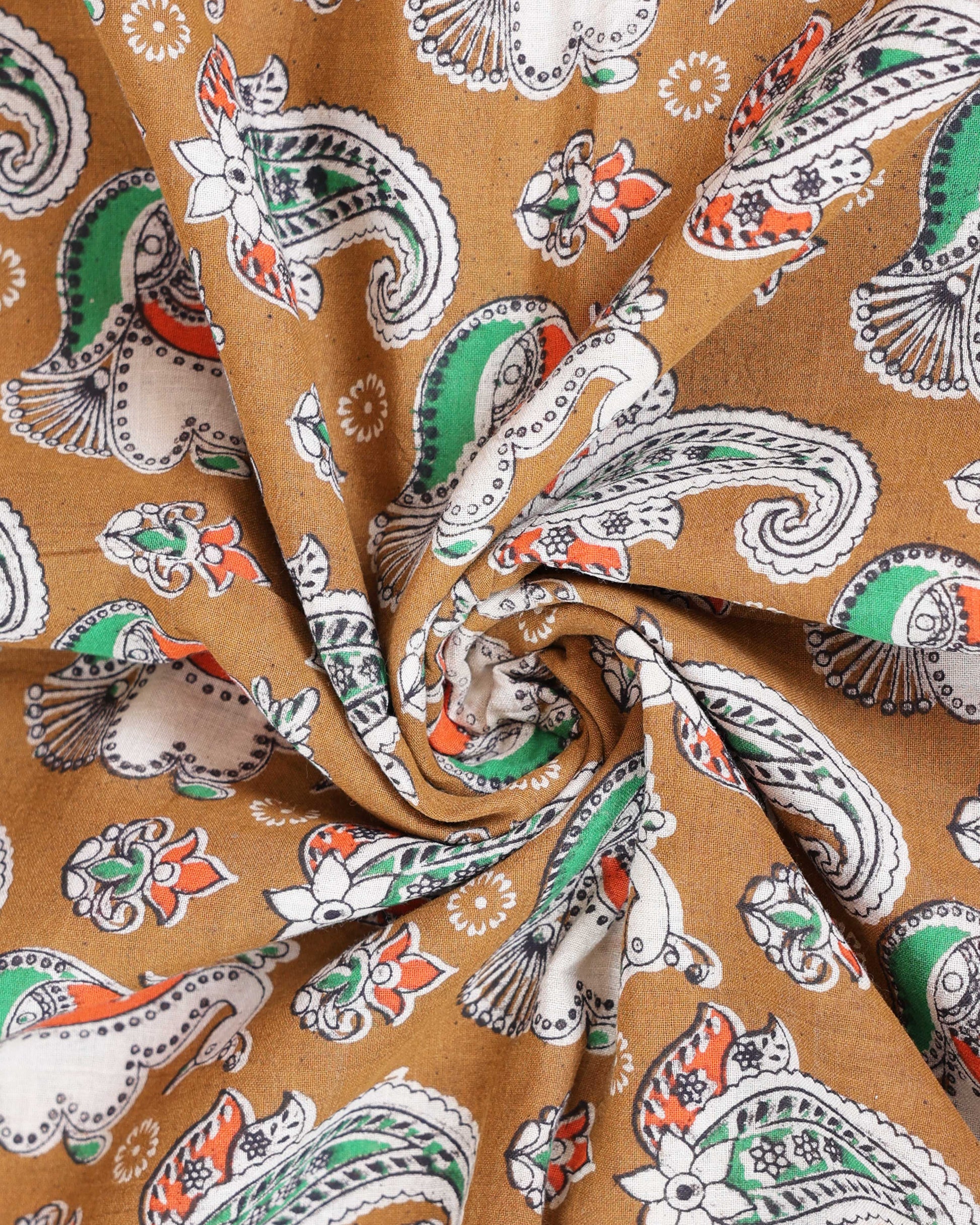 Traditional Kalamkari Cotton Saree with Traditional Paisley and Peacock Motifs - Close