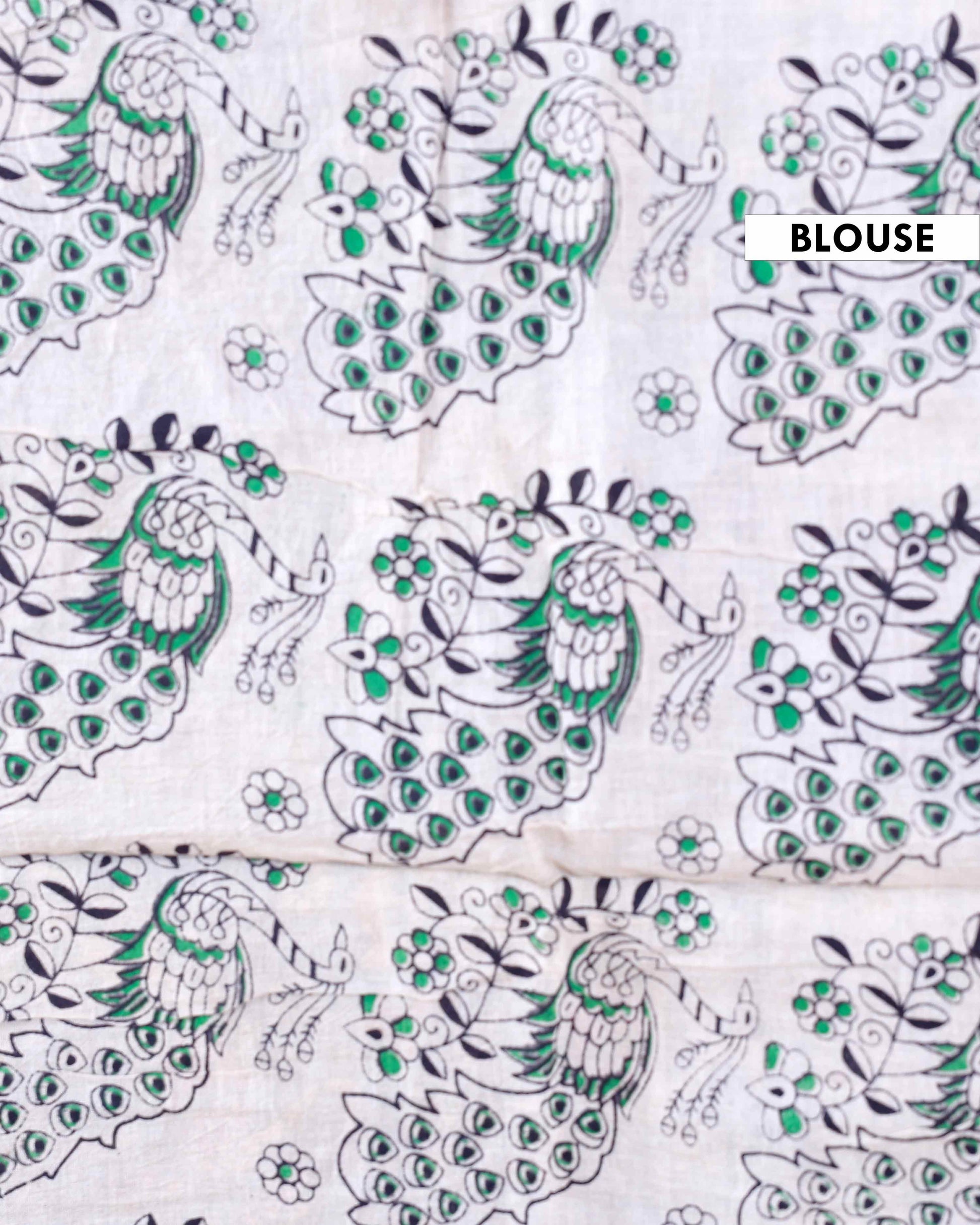 Traditional Kalamkari Cotton Saree with Traditional Peacock & Floral Motifs -Blouse