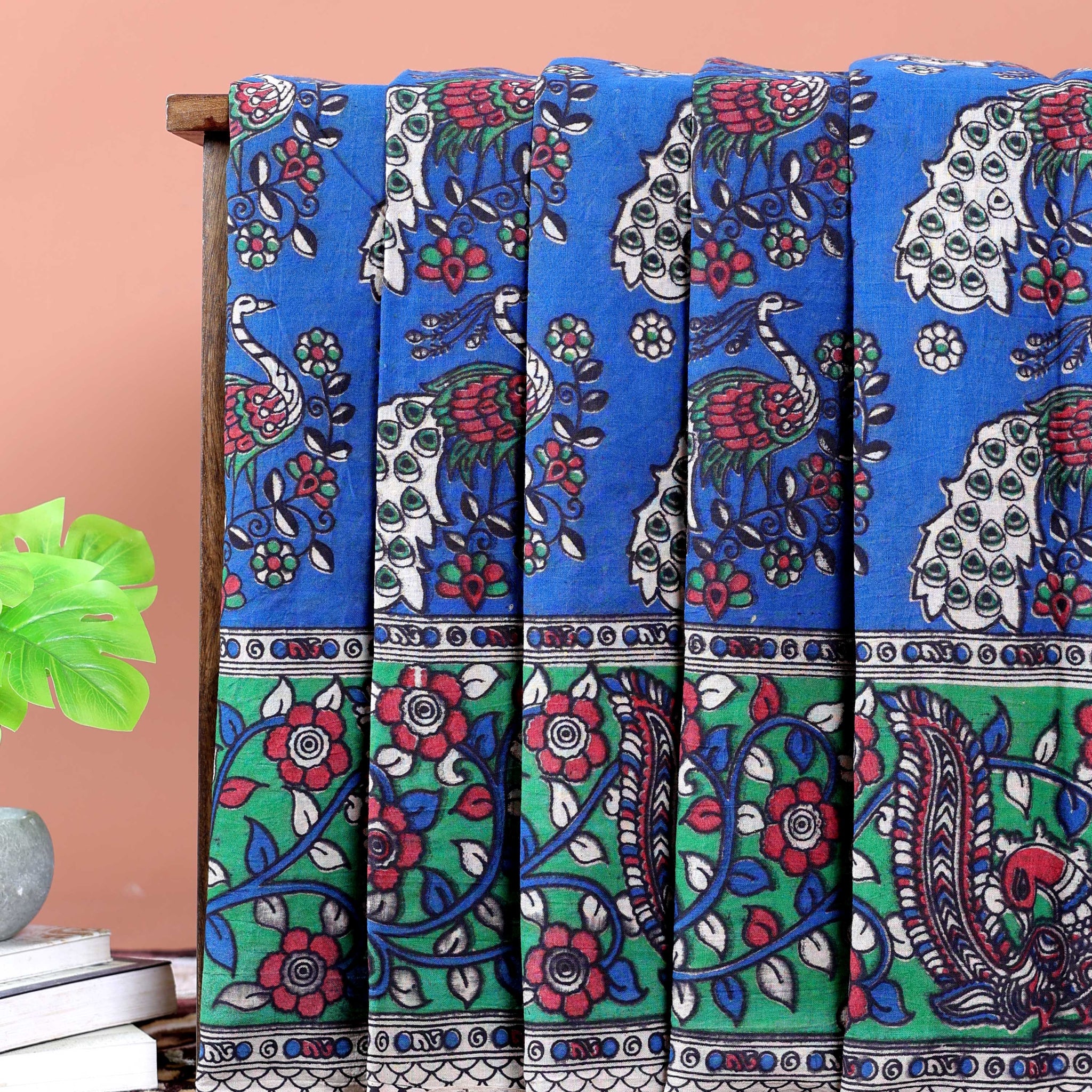 Traditional Kalamkari Cotton Saree with Traditional Peacock & Floral Motifs -Blue
