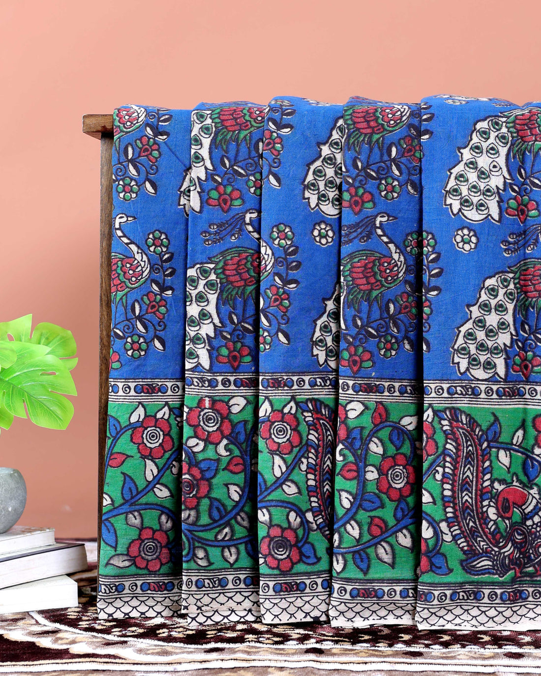 Traditional Kalamkari Cotton Saree with Traditional Peacock & Floral Motifs -Blue