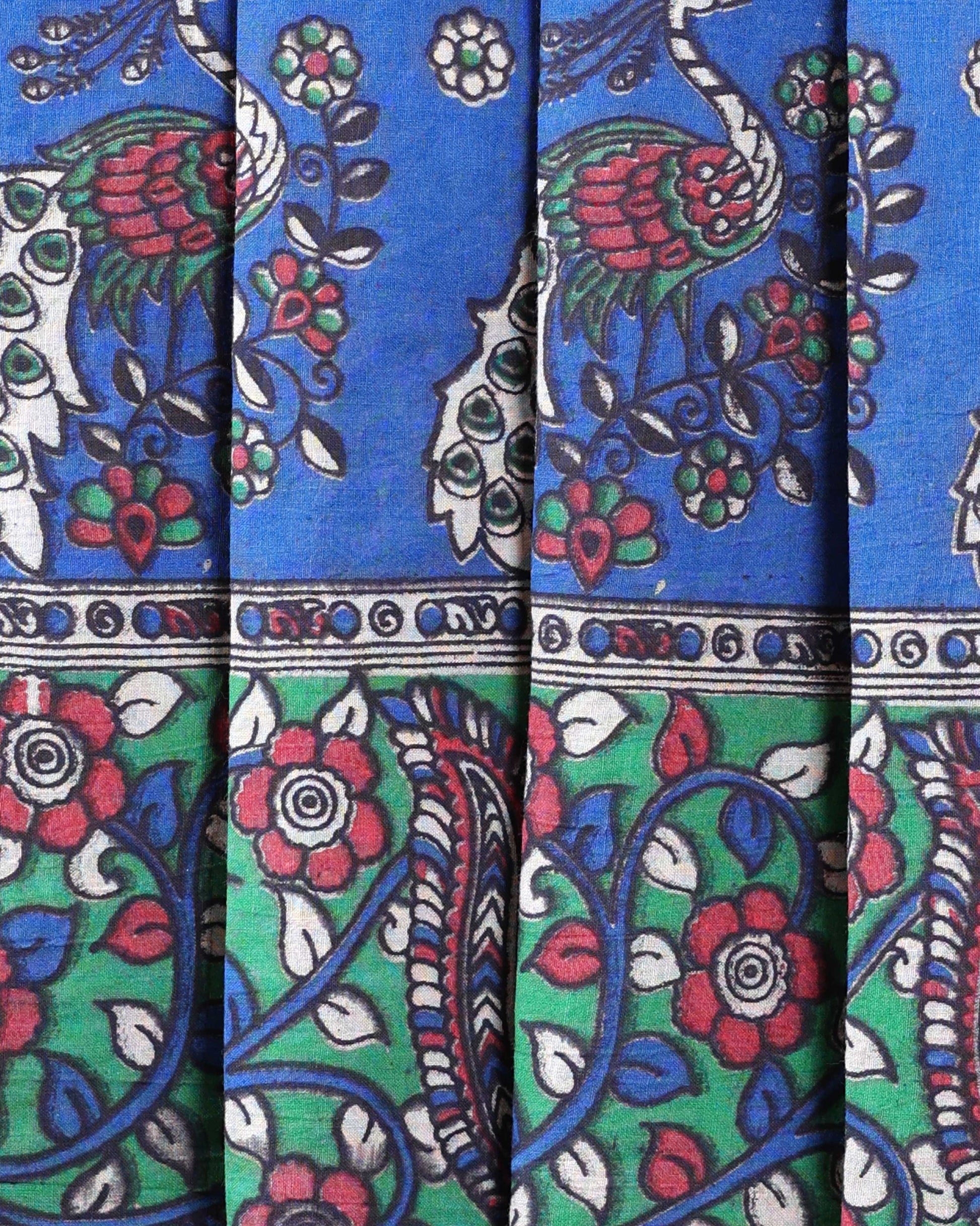 Traditional Kalamkari Cotton Saree with Traditional Peacock & Floral Motifs -Close