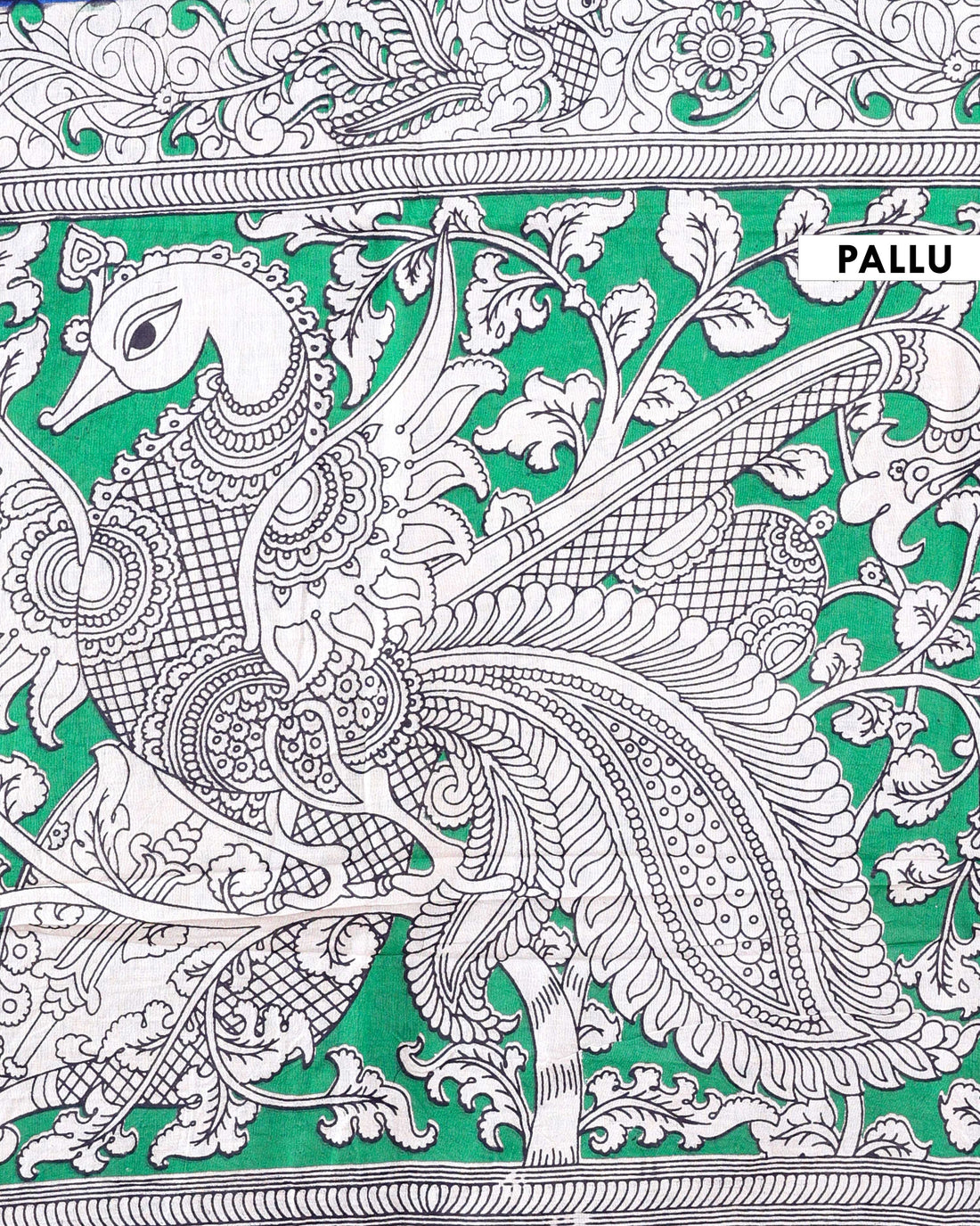 Traditional Kalamkari Cotton Saree with Traditional Peacock & Floral Motifs -Blue