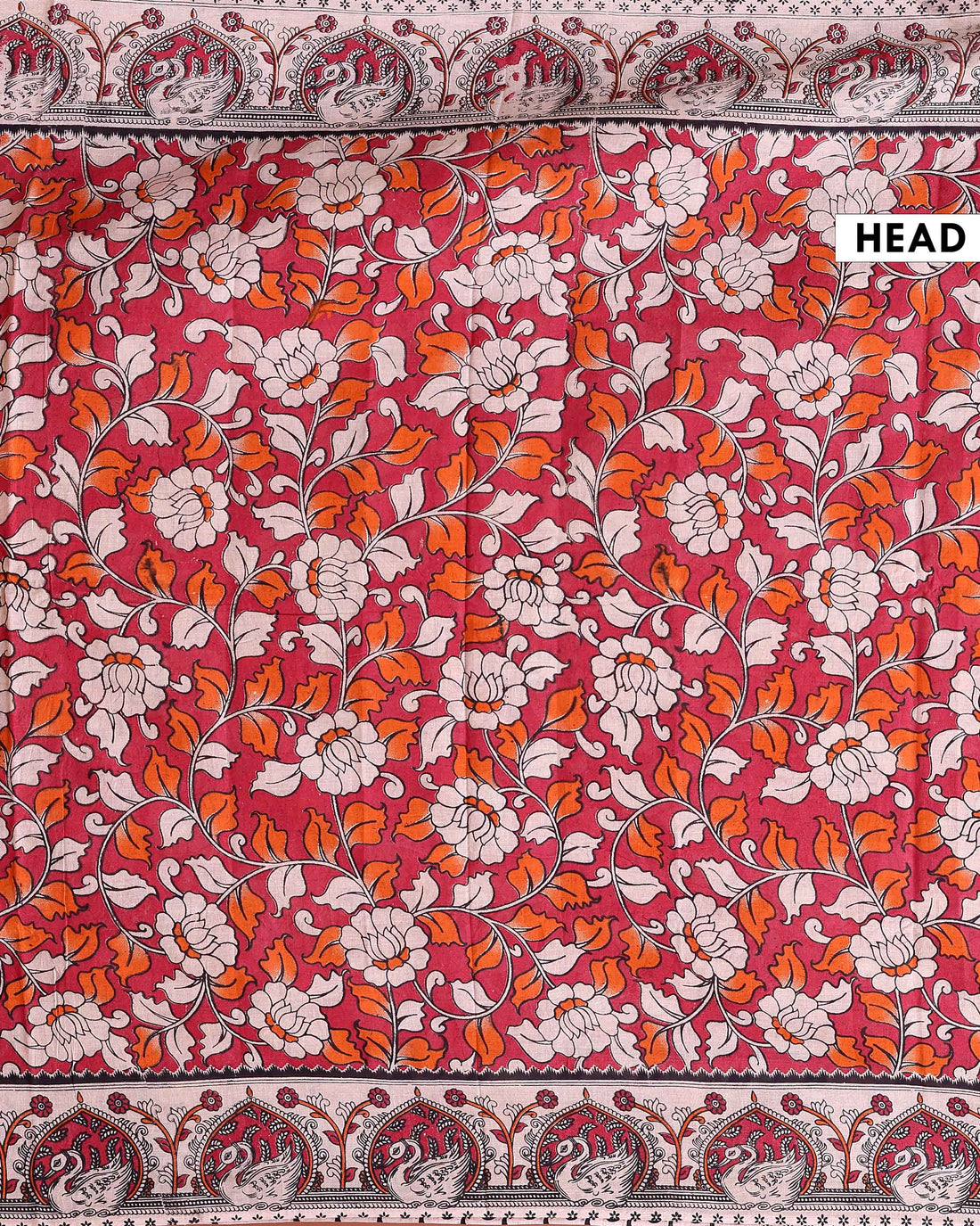 Traditional Kalamkari Cotton Saree with Traditional Peacock Motif Border - Red