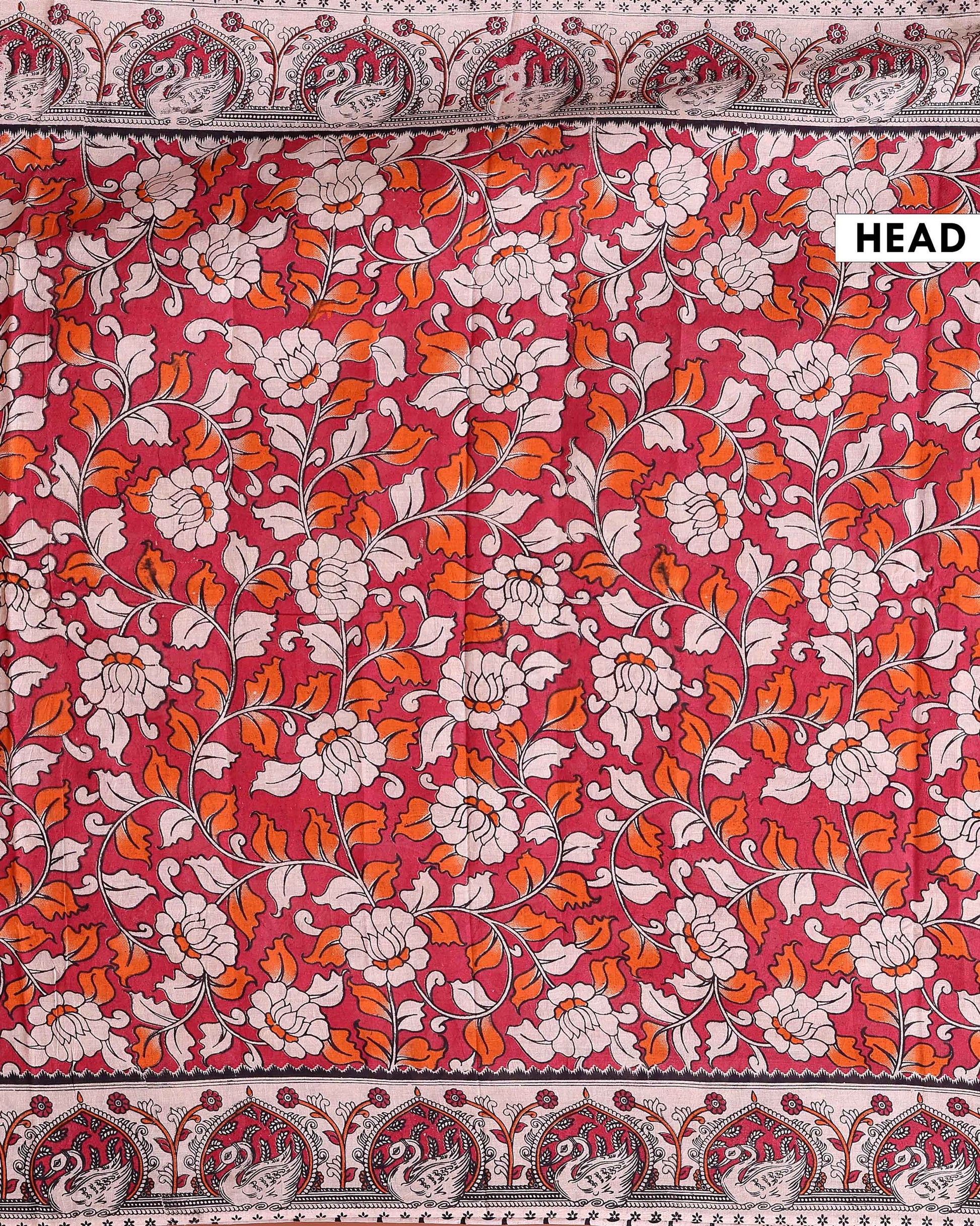 Traditional Kalamkari Cotton Saree with Traditional Peacock Motif Border - Red