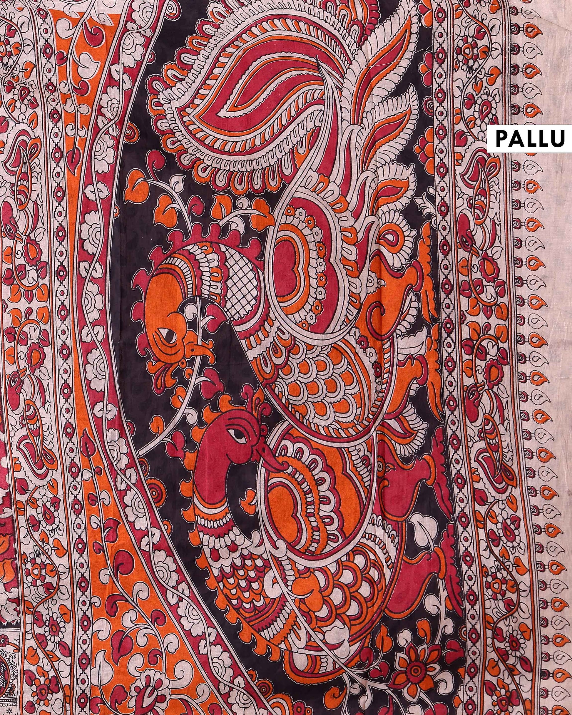 Traditional Kalamkari Cotton Saree with Traditional Peacock Motif Border - Red