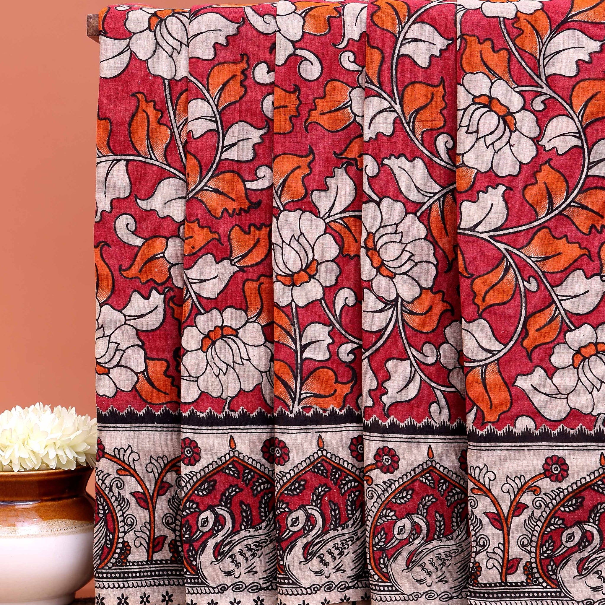 Traditional Kalamkari Cotton Saree with Traditional Peacock Motif Border - Red