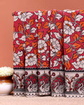 Traditional Kalamkari Cotton Saree with Traditional Peacock Motif Border - Red
