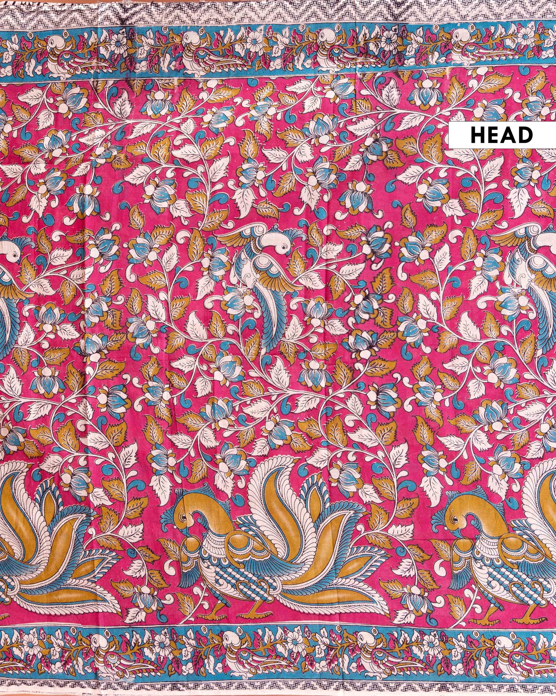 Traditional Kalamkari Cotton Saree with Traditional Peacock and Floral Motif - Pink