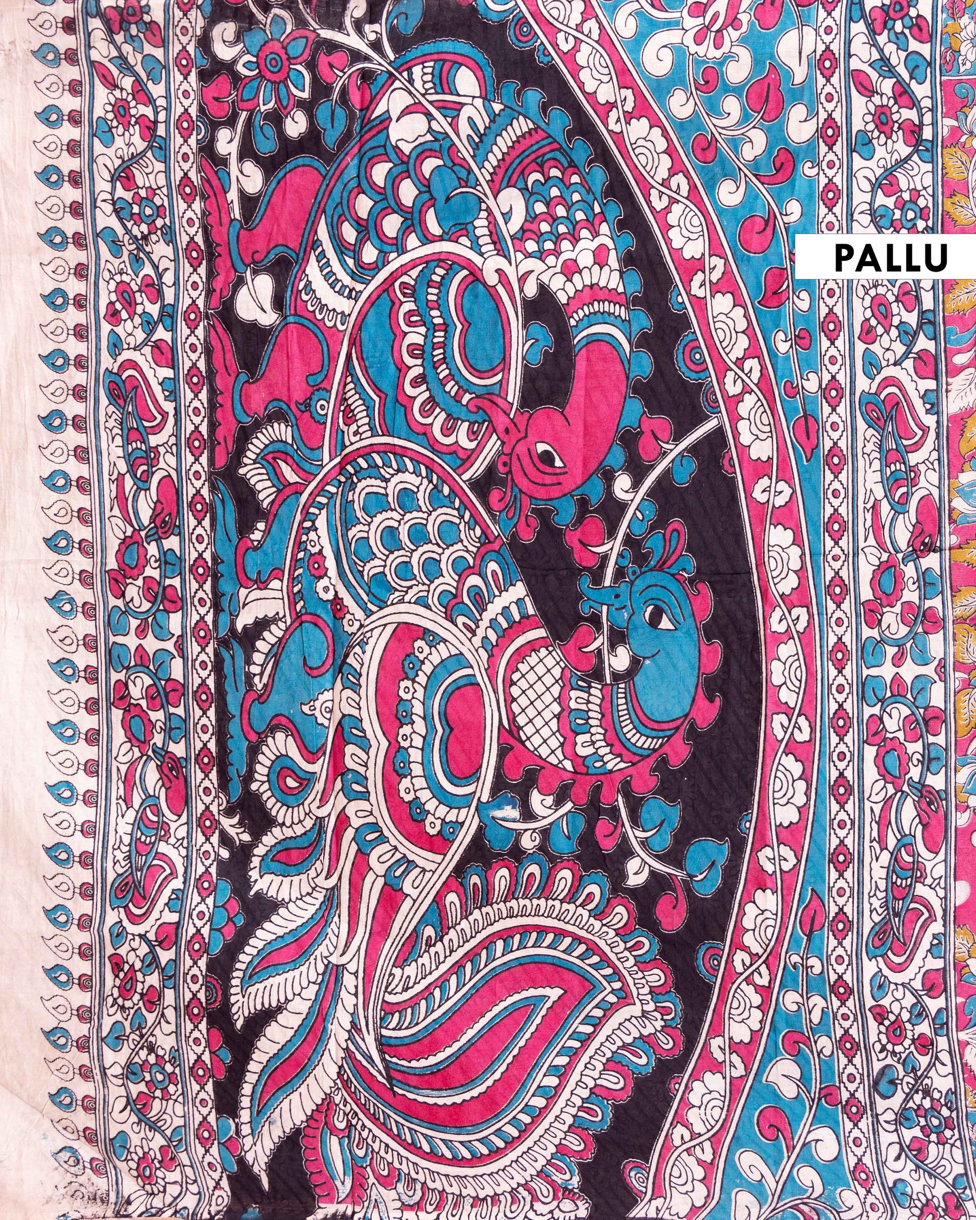 Traditional Kalamkari Cotton Saree with Traditional Peacock and Floral Motif - Pink