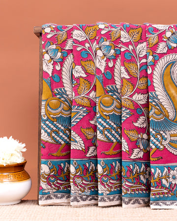 Traditional Kalamkari Cotton Saree with Traditional Peacock and Floral Motif - Pink