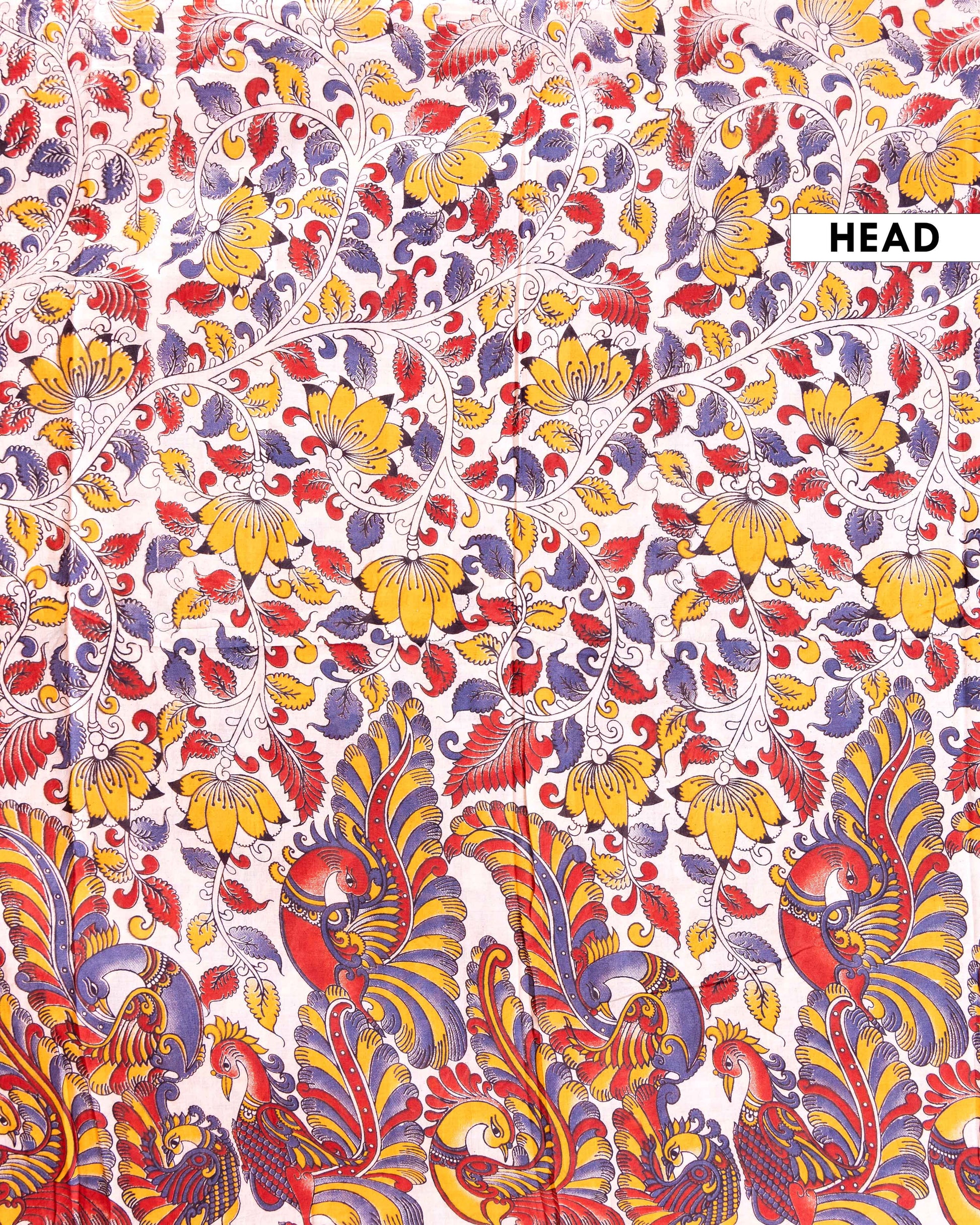 Traditional Kalamkari Cotton Saree with Traditional Peacock and Floral Motifs - Cream