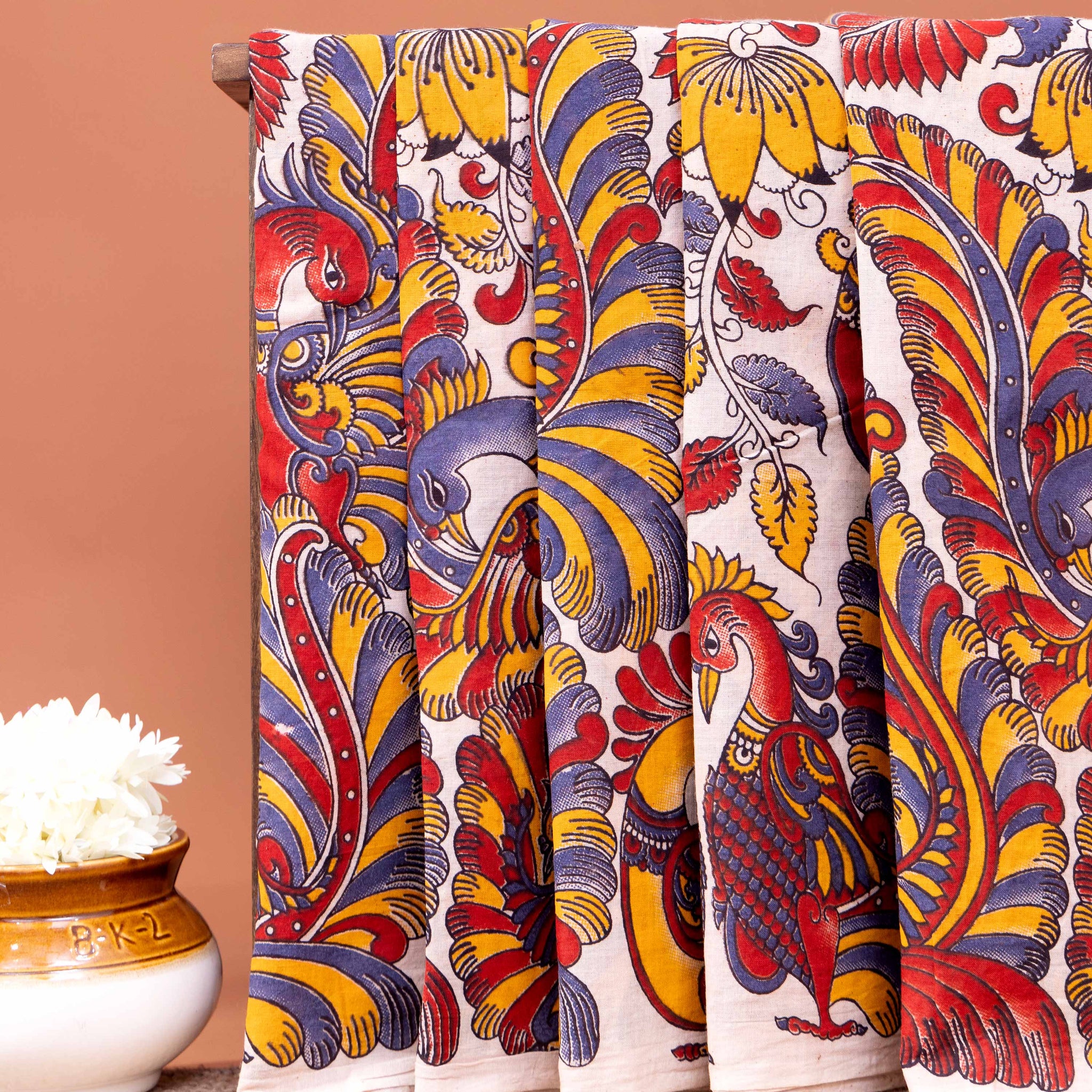 Traditional Kalamkari Cotton Saree with Traditional Peacock and Floral Motifs - Cream