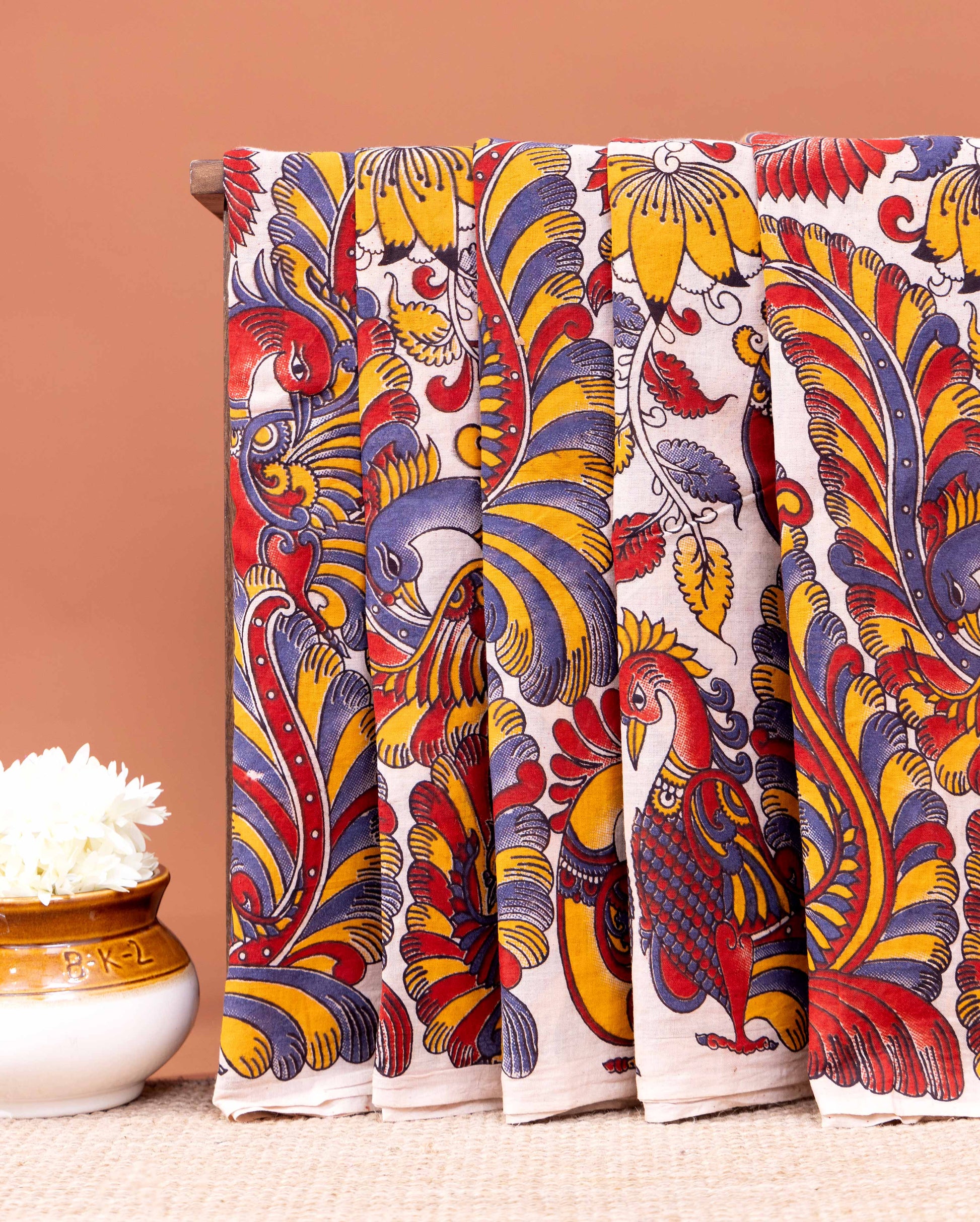 Traditional Kalamkari Cotton Saree with Traditional Peacock and Floral Motifs - Cream