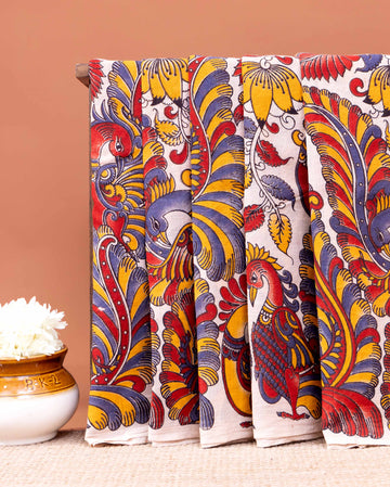 Traditional Kalamkari Cotton Saree with Traditional Peacock and Floral Motifs - Cream