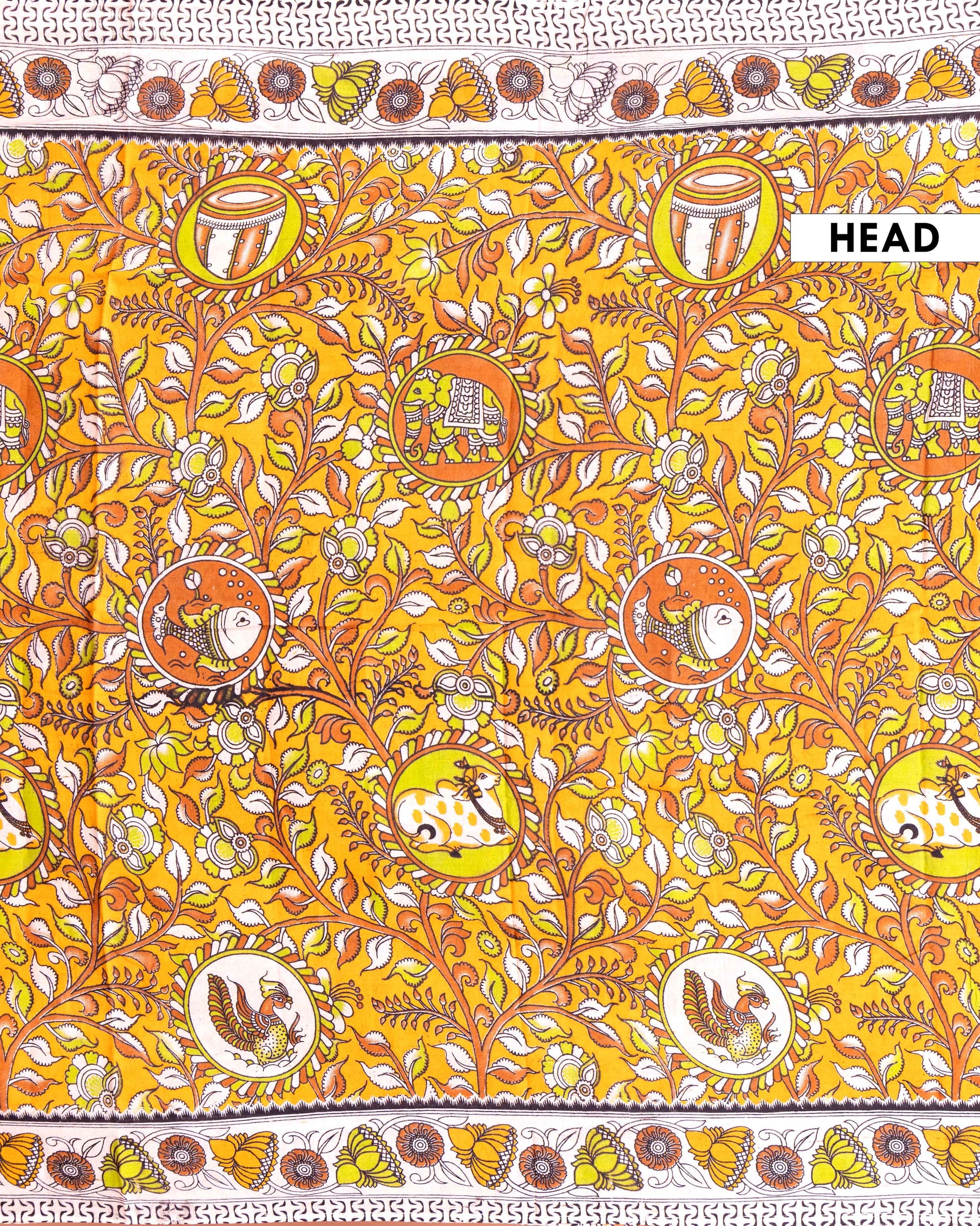 Traditional Kalamkari Cotton Saree with Tree of Life and Peacock Motifs - Orange