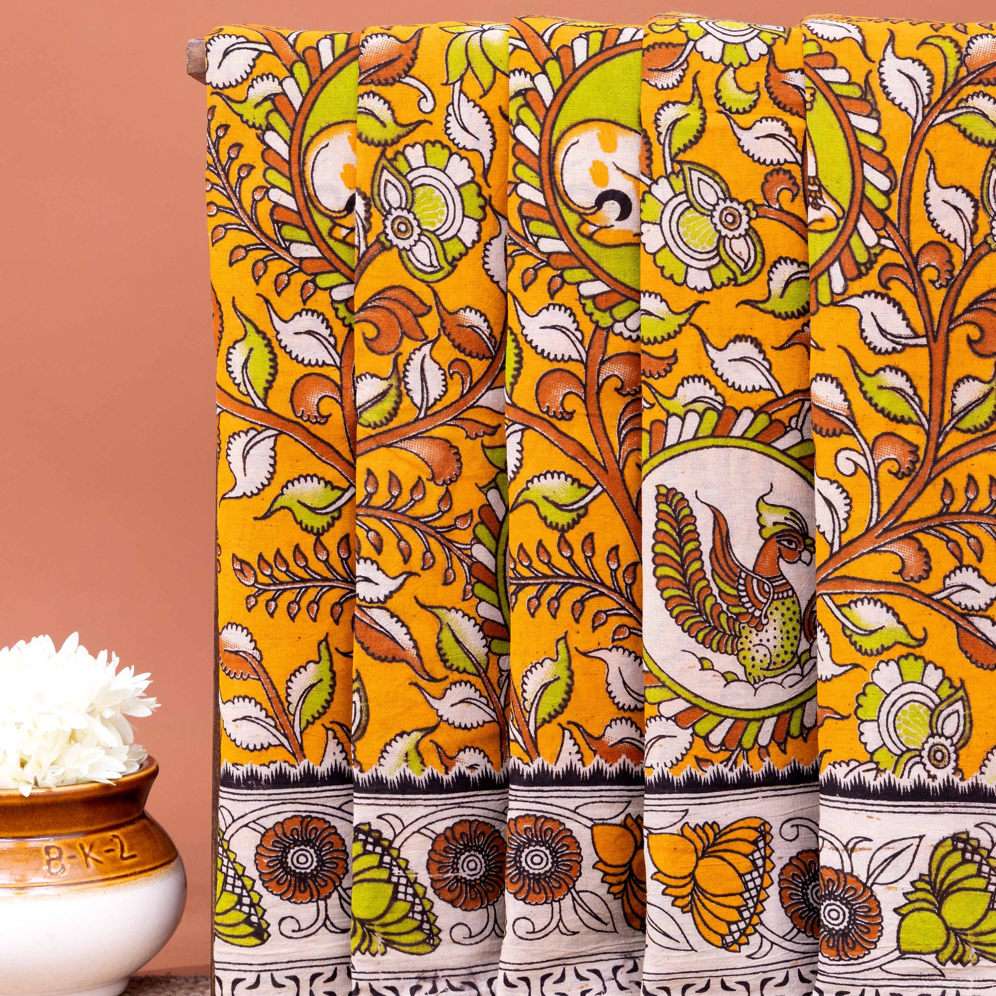 Traditional Kalamkari Cotton Saree with Tree of Life and Peacock Motifs - Orange