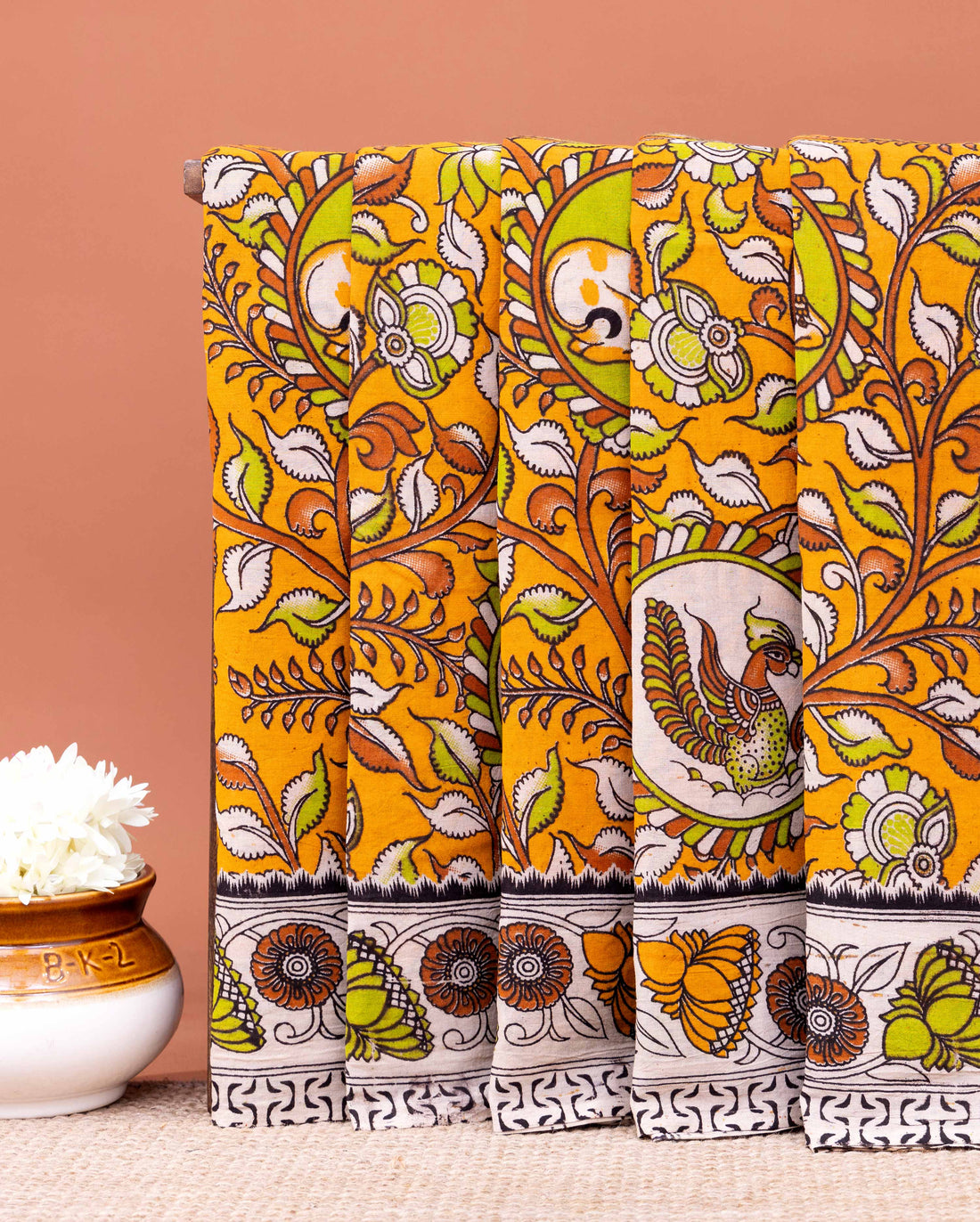 Traditional Kalamkari Cotton Saree with Tree of Life and Peacock Motifs - Orange