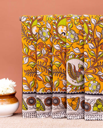 Traditional Kalamkari Cotton Saree with Tree of Life and Peacock Motifs - Orange