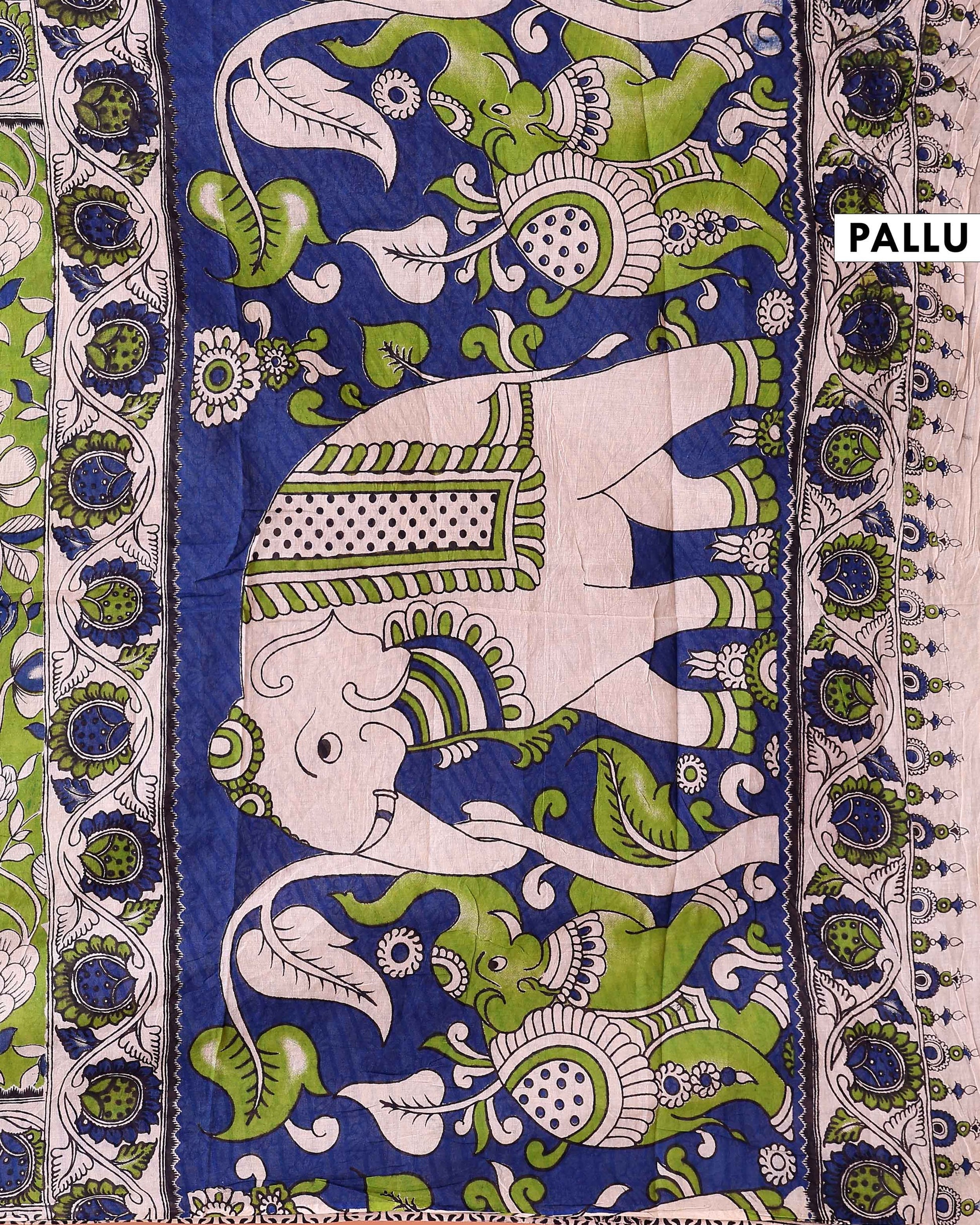 Traditional Kalamkari Cotton Saree with Vintage Inspired Flower and Leaf Design - Green
