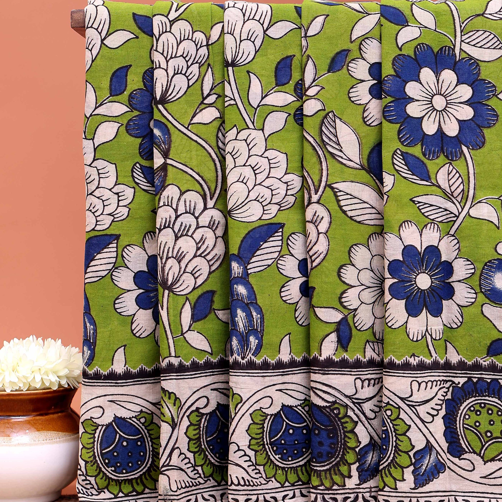 Traditional Kalamkari Cotton Saree with Vintage Inspired Flower and Leaf Design - Green