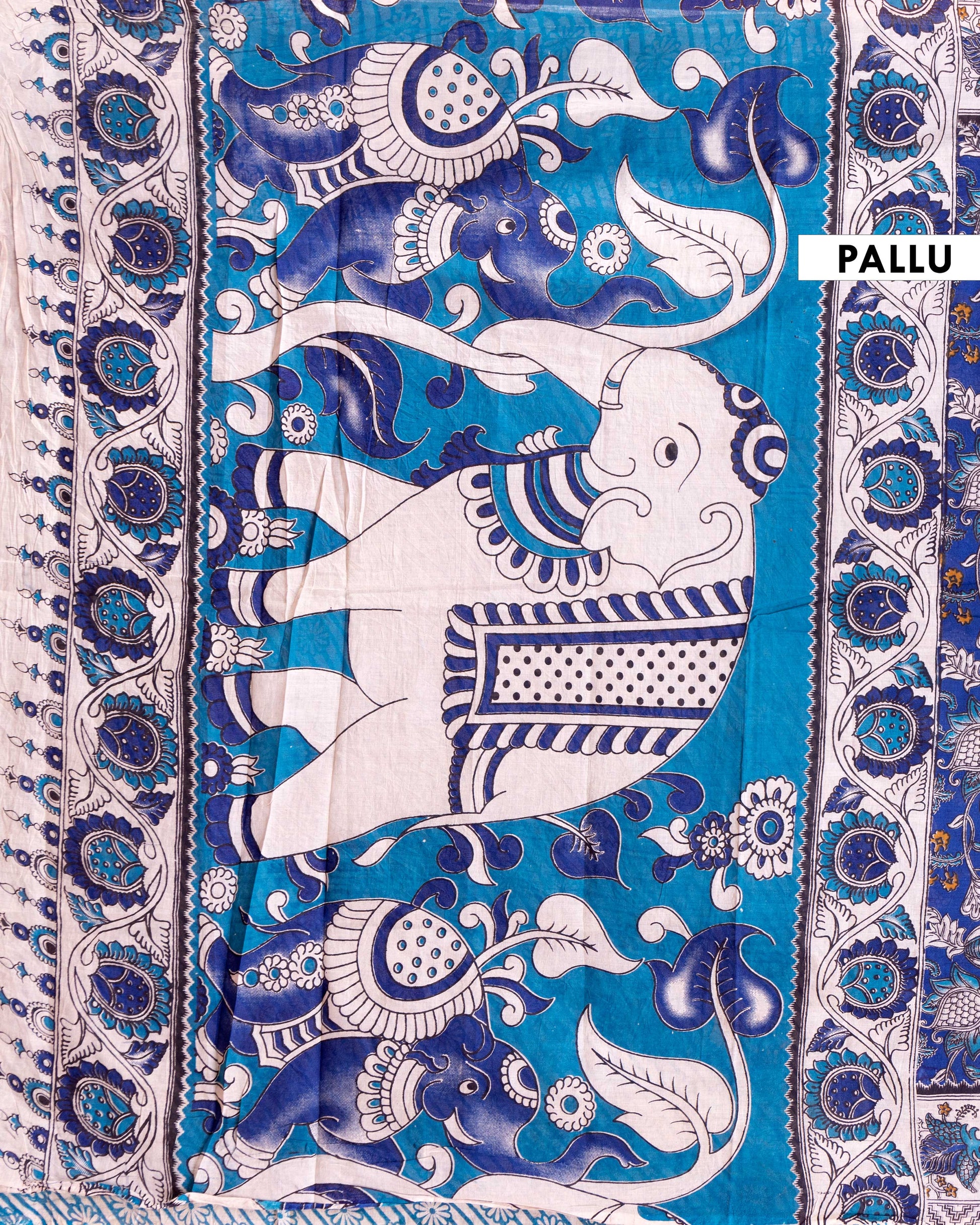 Traditional Kalamkari Cotton Saree with a Classic Floral and Leaf Border - Dark Blue
