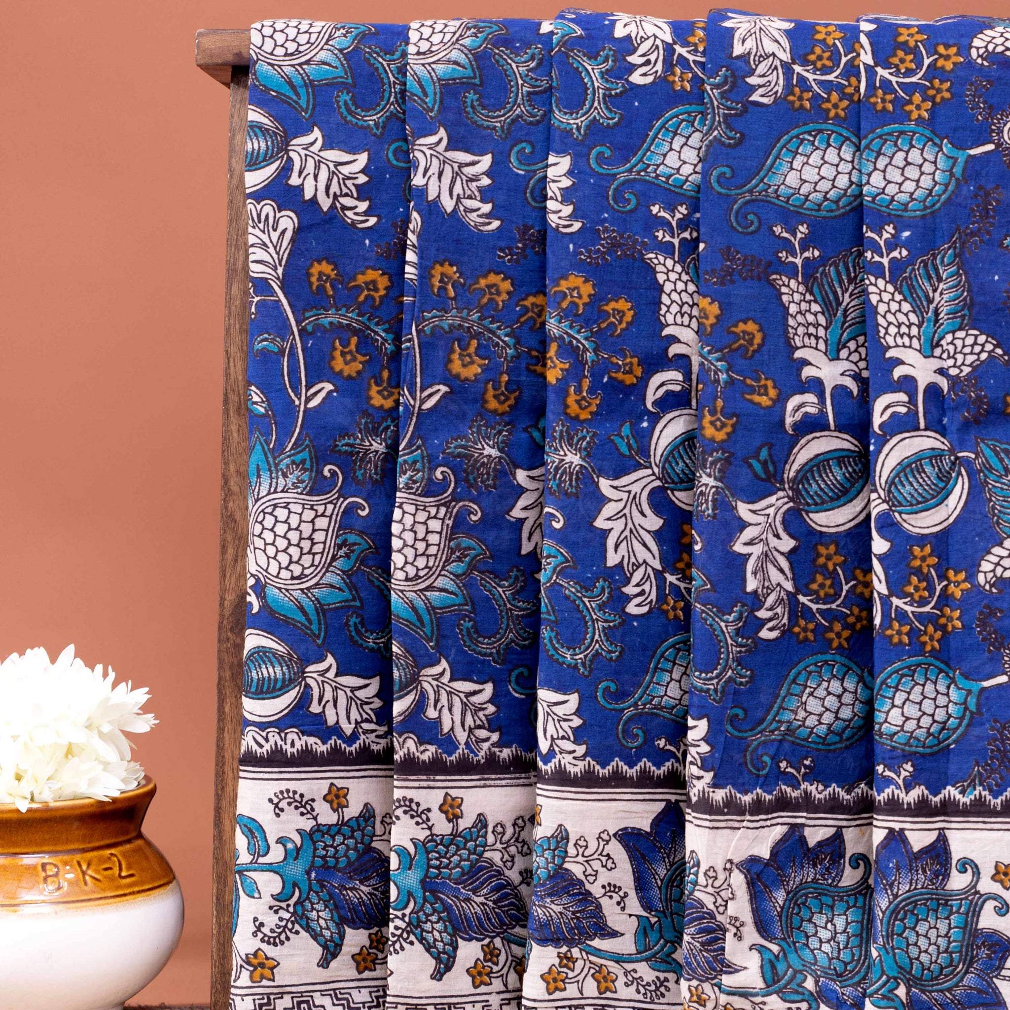 Traditional Kalamkari Cotton Saree with a Classic Floral and Leaf Border - Dark Blue