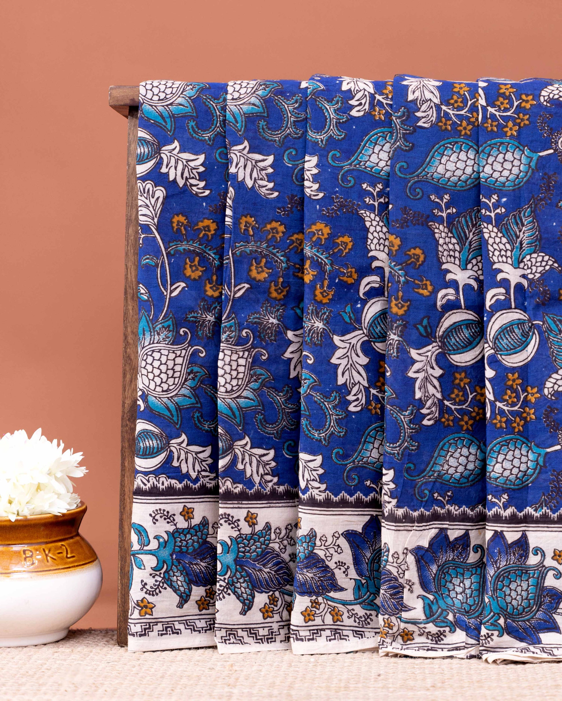 Traditional Kalamkari Cotton Saree with a Classic Floral and Leaf Border - Dark Blue