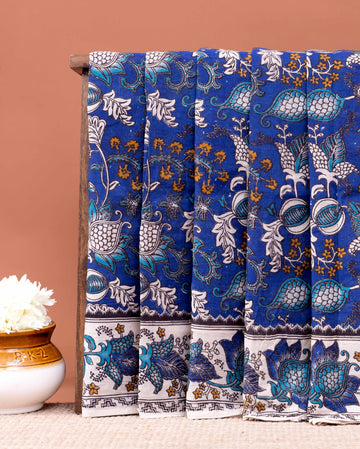 Traditional Kalamkari Cotton Saree with a Classic Floral and Leaf Border - Dark Blue