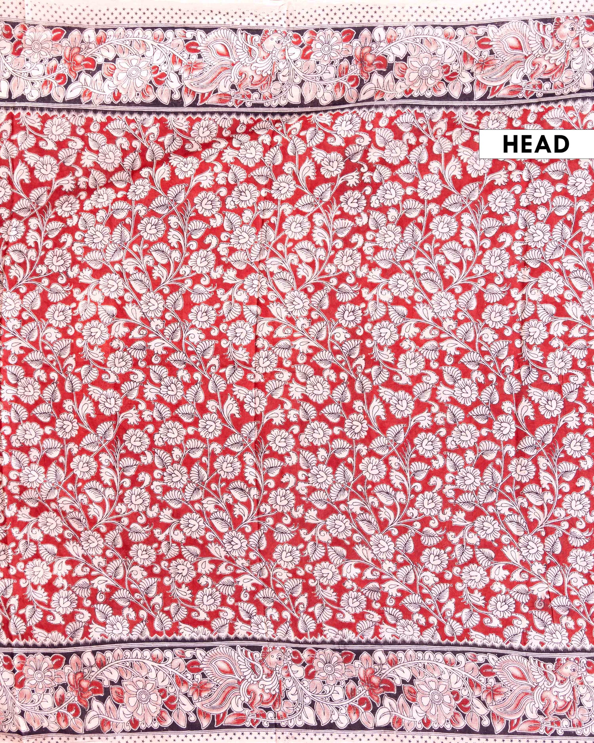 Traditional Kalamkari Floral Jaal Hand Block Print Cotton Saree - Red