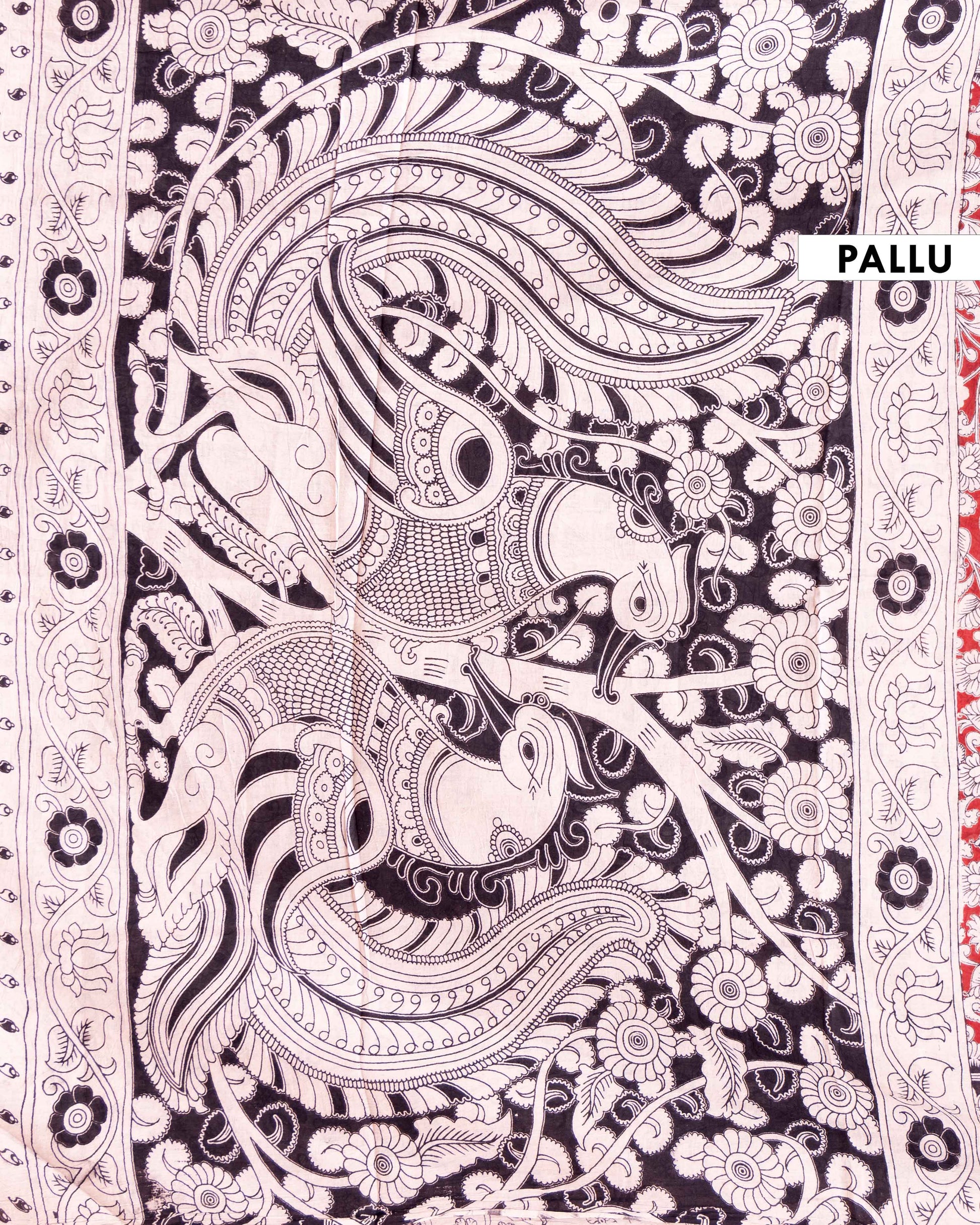 Traditional Kalamkari Floral Jaal Hand Block Print Cotton Saree - Red