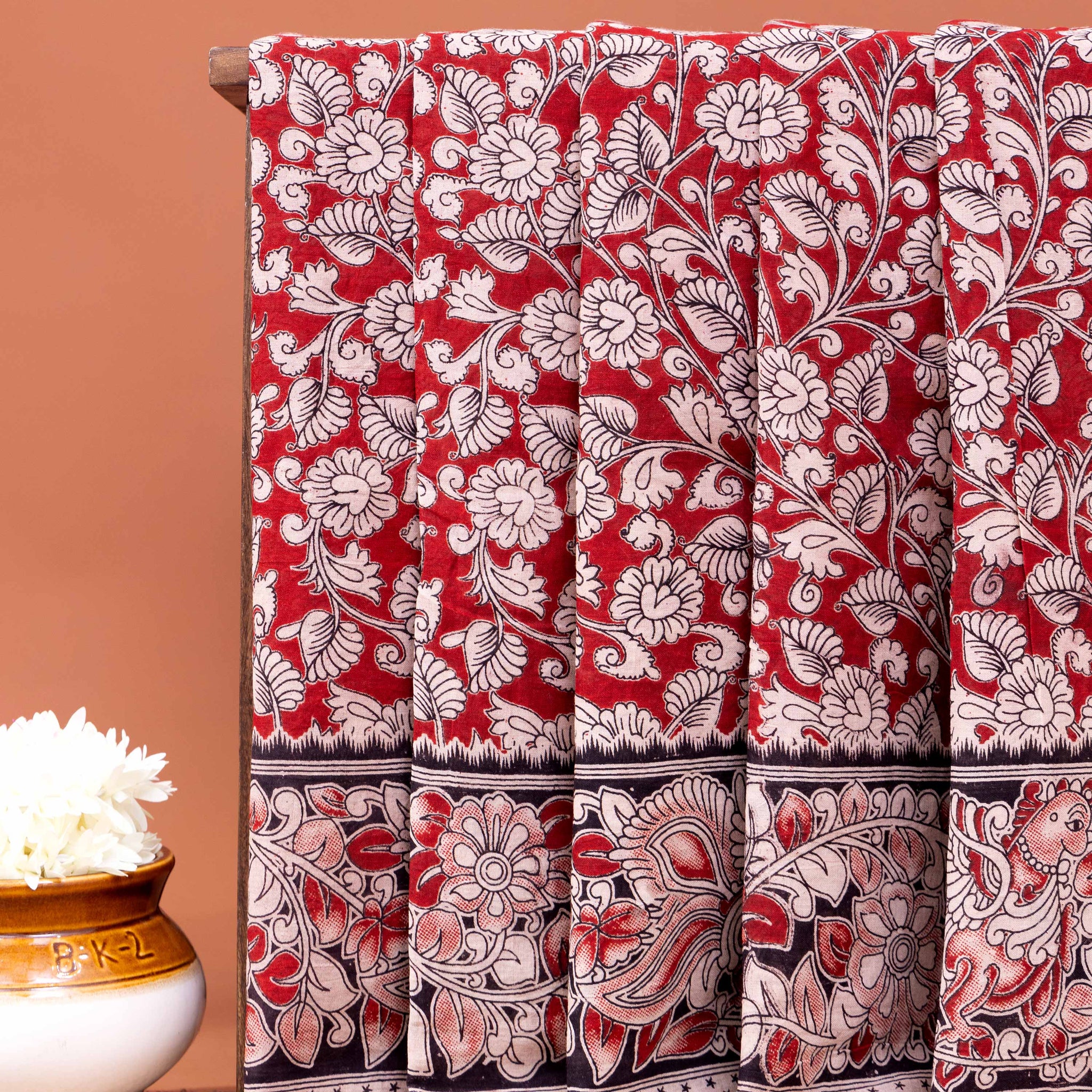 Traditional Kalamkari Floral Jaal Hand Block Print Cotton Saree - Red