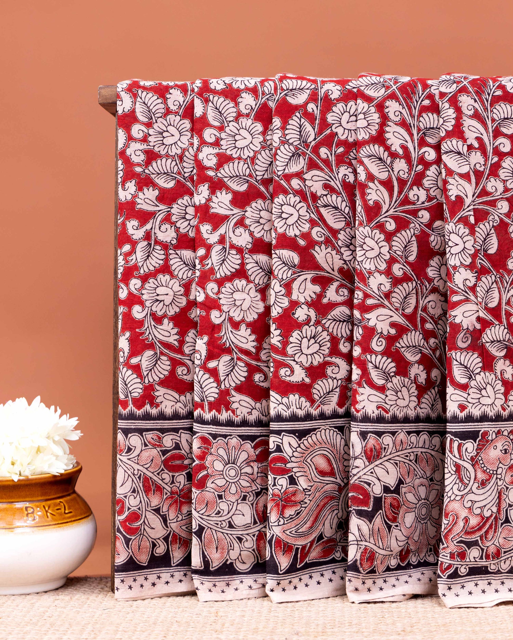 Traditional Kalamkari Floral Jaal Hand Block Print Cotton Saree - Red