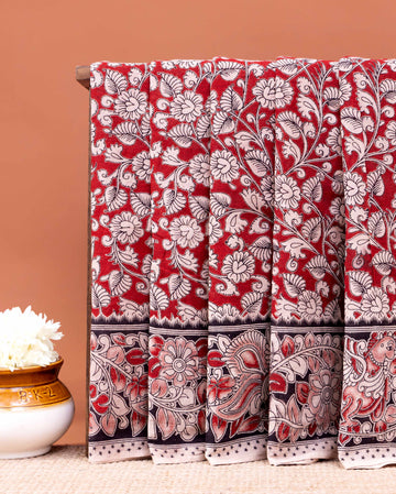 Traditional Kalamkari Floral Jaal Hand Block Print Cotton Saree - Red