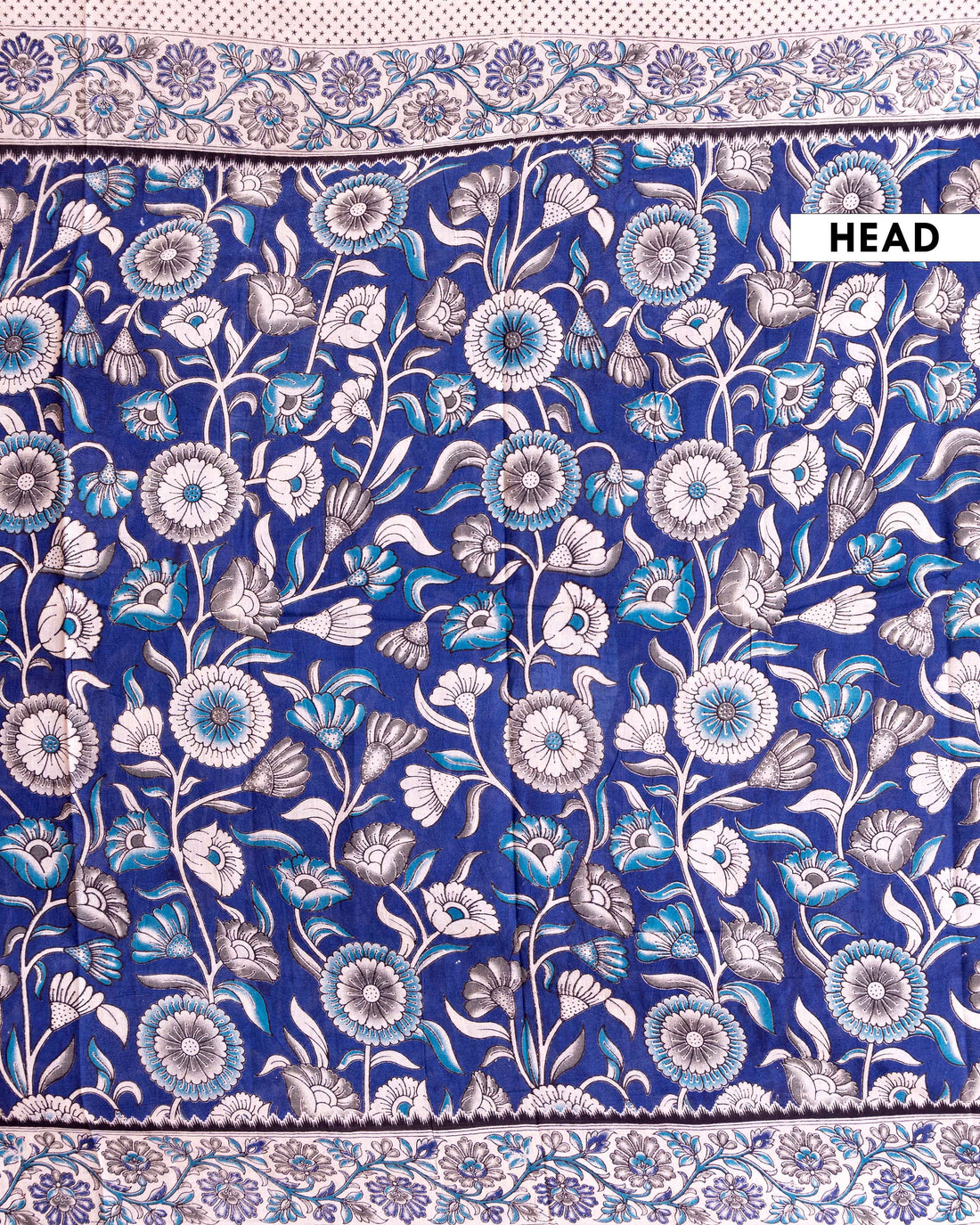 Traditional Kalamkari Hand-Block Printed Cotton Saree with Traditional Floral MotifsB - Navy Blue