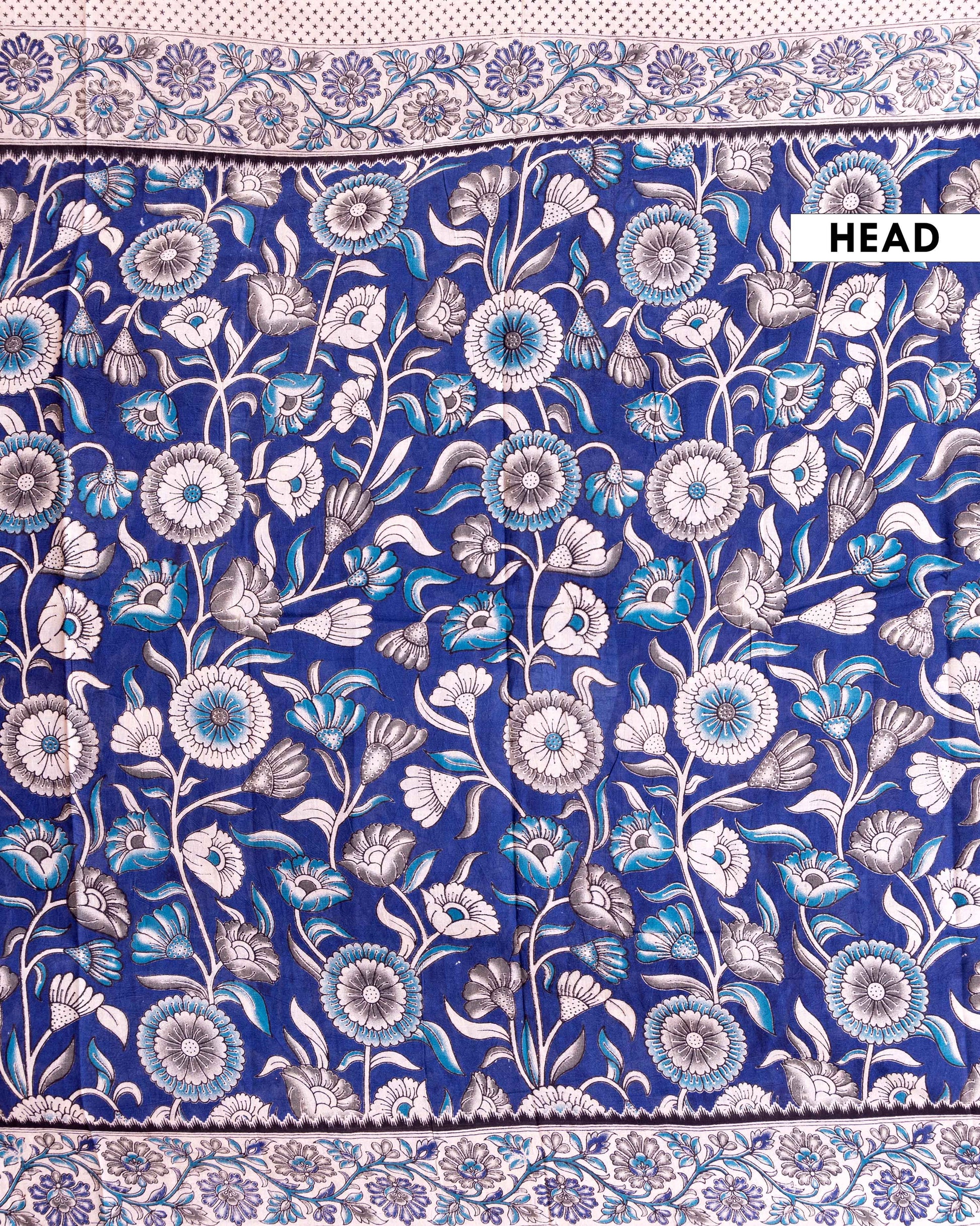 Traditional Kalamkari Hand-Block Printed Cotton Saree with Traditional Floral MotifsB - Navy Blue