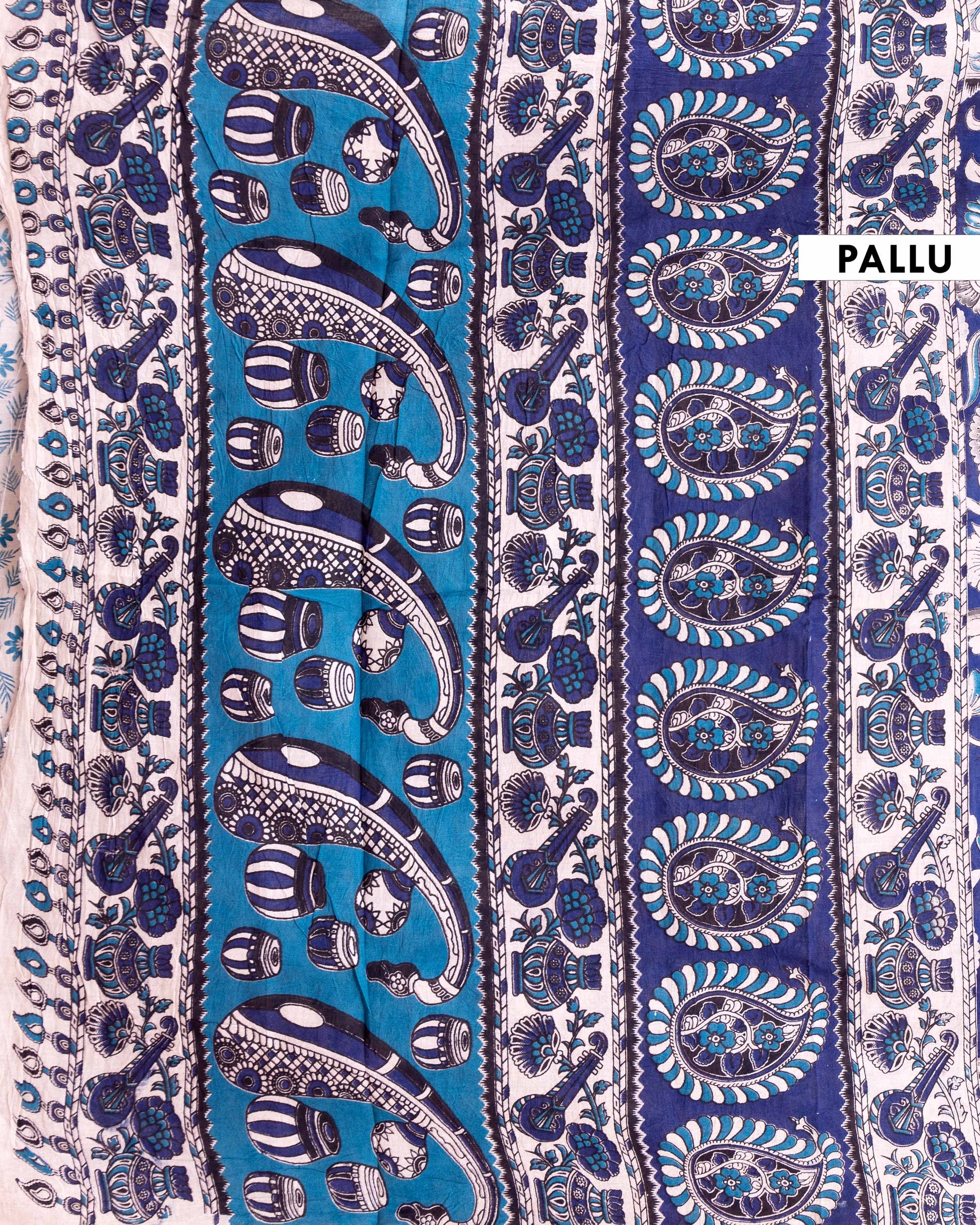 Traditional Kalamkari Hand-Block Printed Cotton Saree with Traditional Floral MotifsB - Navy Blue