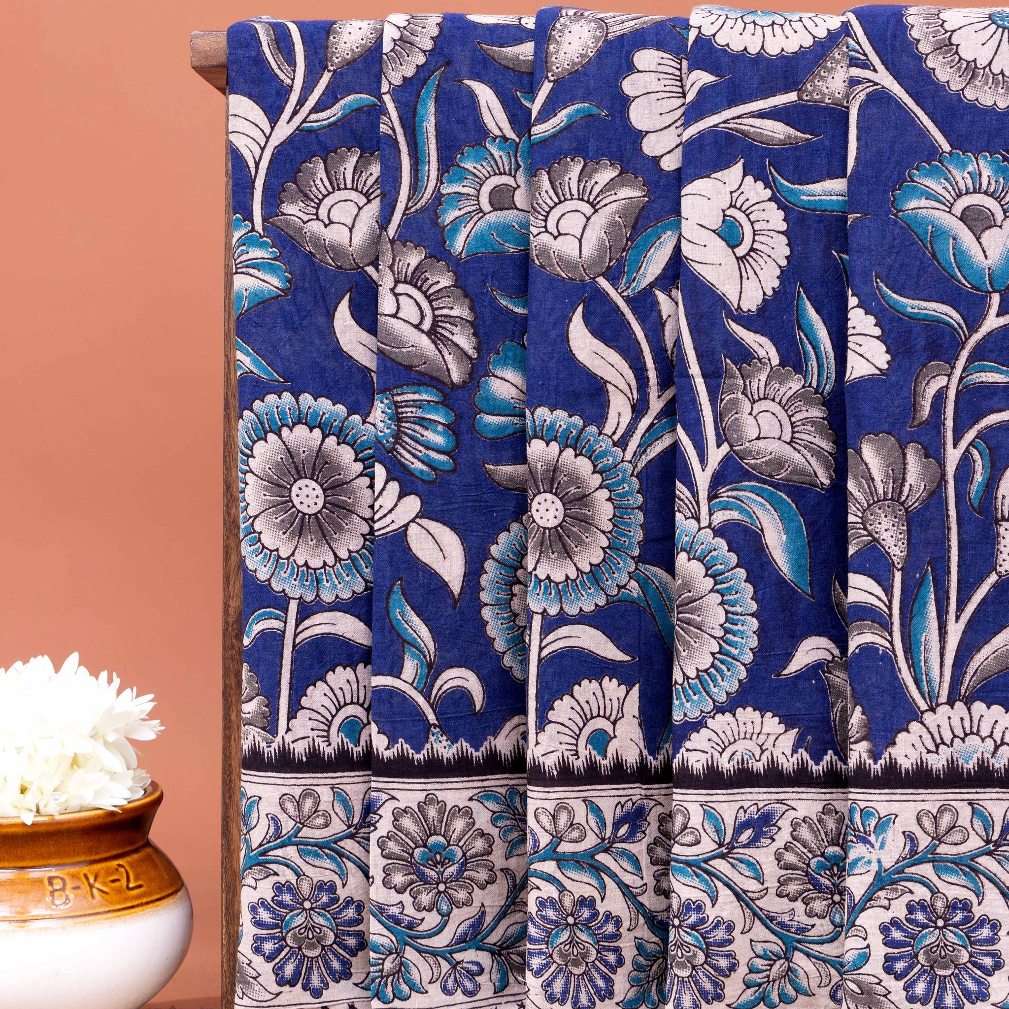 Traditional Kalamkari Hand-Block Printed Cotton Saree with Traditional Floral MotifsB - Navy Blue