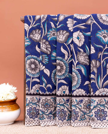 Traditional Kalamkari Hand-Block Printed Cotton Saree with Traditional Floral MotifsB - Navy Blue