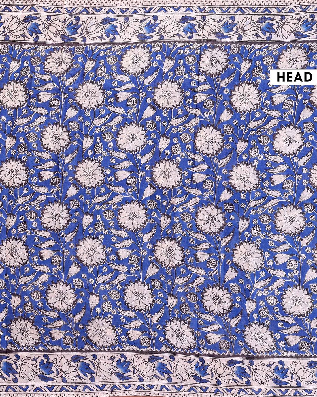 Traditional Kalamkari Hand-Block Printed Cotton Saree with Traditional Floral & Paisley Motifs - Blue
