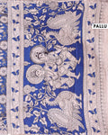 Traditional Kalamkari Hand-Block Printed Cotton Saree with Traditional Floral & Paisley Motifs - Blue