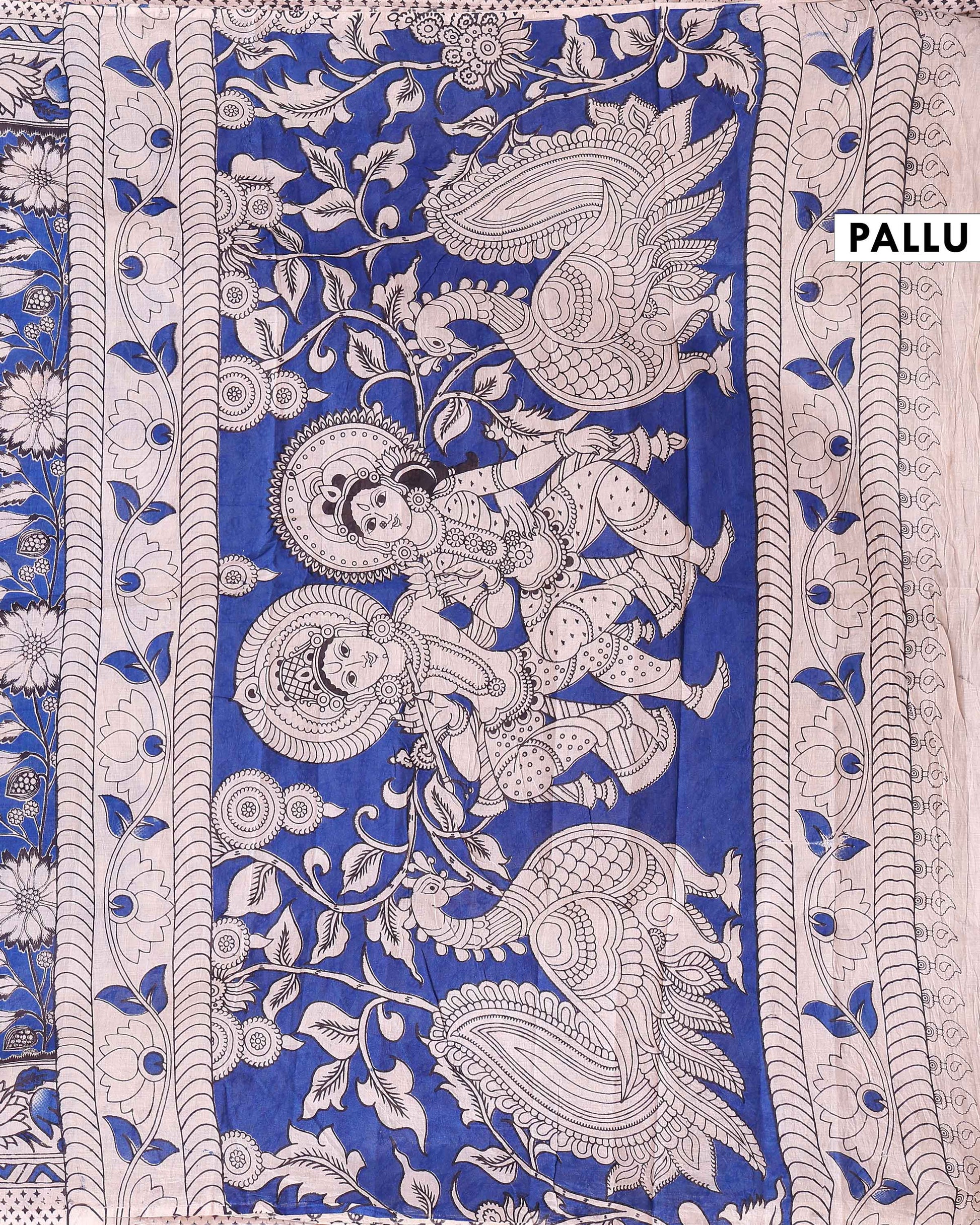 Traditional Kalamkari Hand-Block Printed Cotton Saree with Traditional Floral & Paisley Motifs - Blue