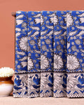 Traditional Kalamkari Hand-Block Printed Cotton Saree with Traditional Floral & Paisley Motifs - Blue