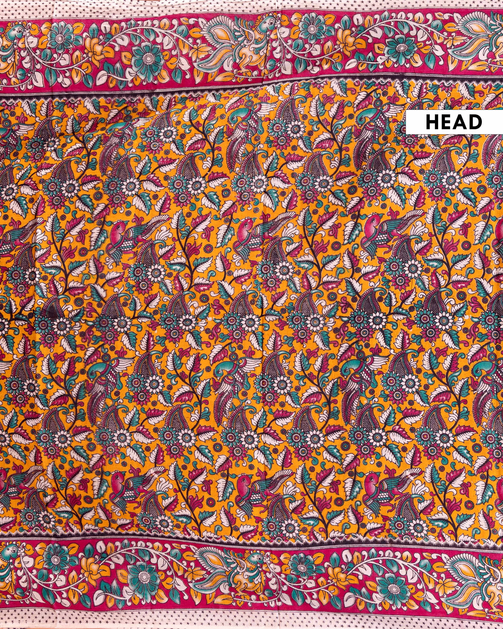 Traditional Kalamkari Hand-Painted Cotton Saree with Detailed Paisley and Floral Patterns- Orange