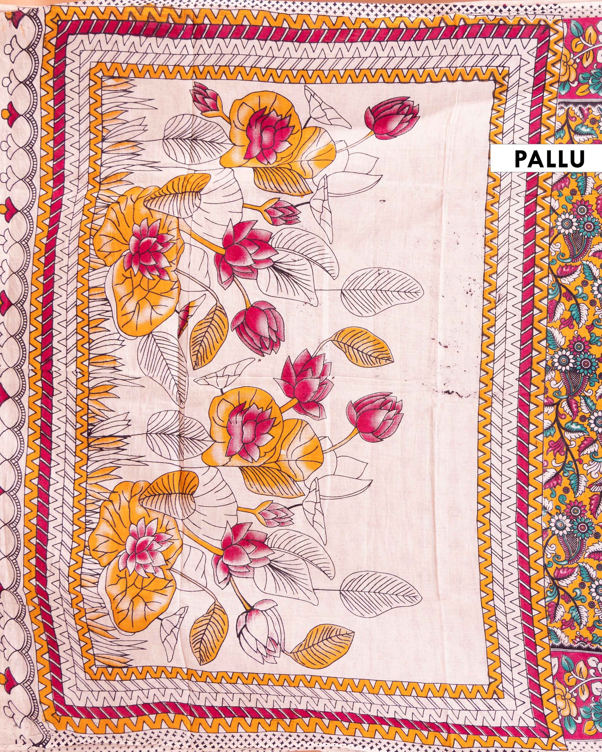 Traditional Kalamkari Hand-Painted Cotton Saree with Detailed Paisley and Floral Patterns- Orange