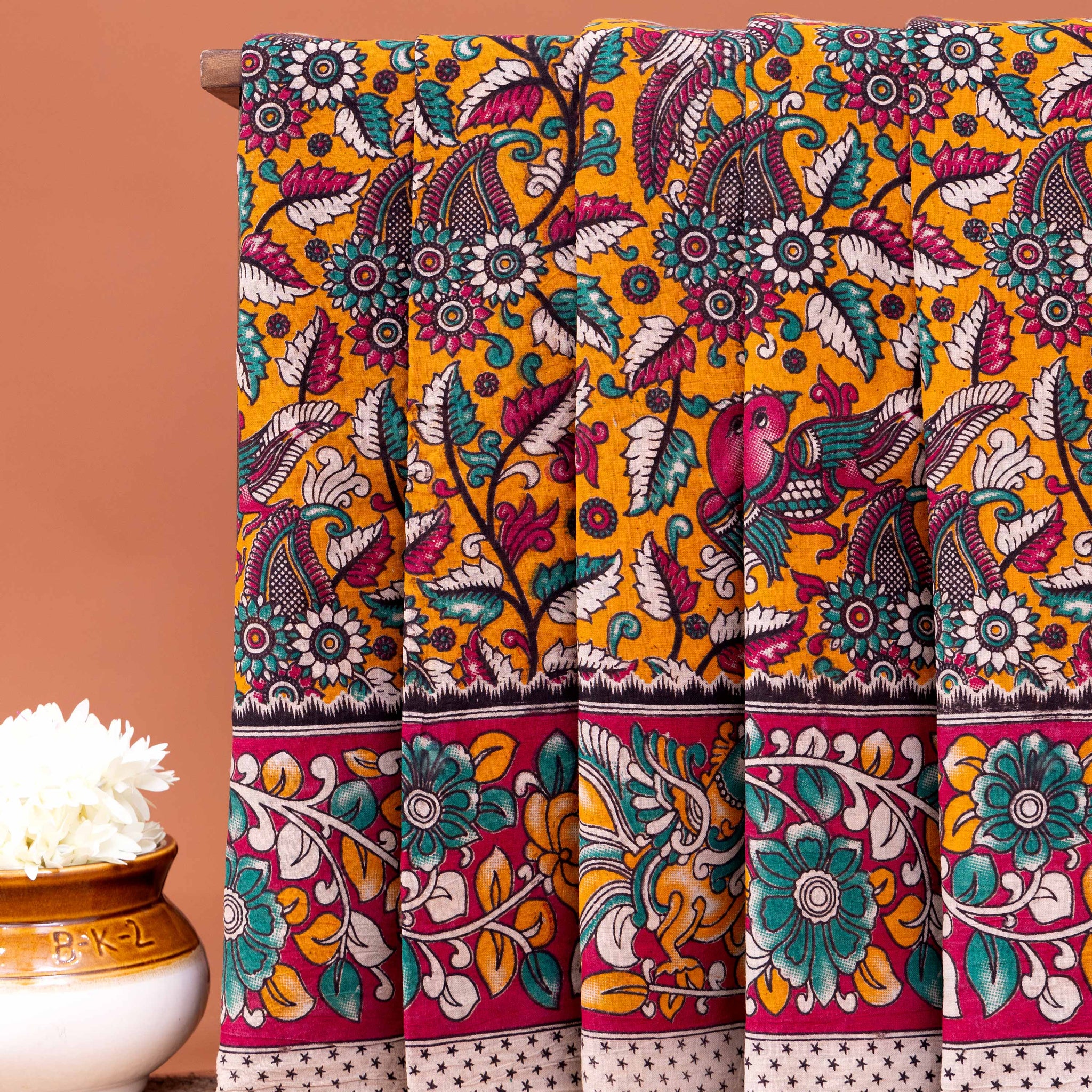 Traditional Kalamkari Hand-Painted Cotton Saree with Detailed Paisley and Floral Patterns- Orange