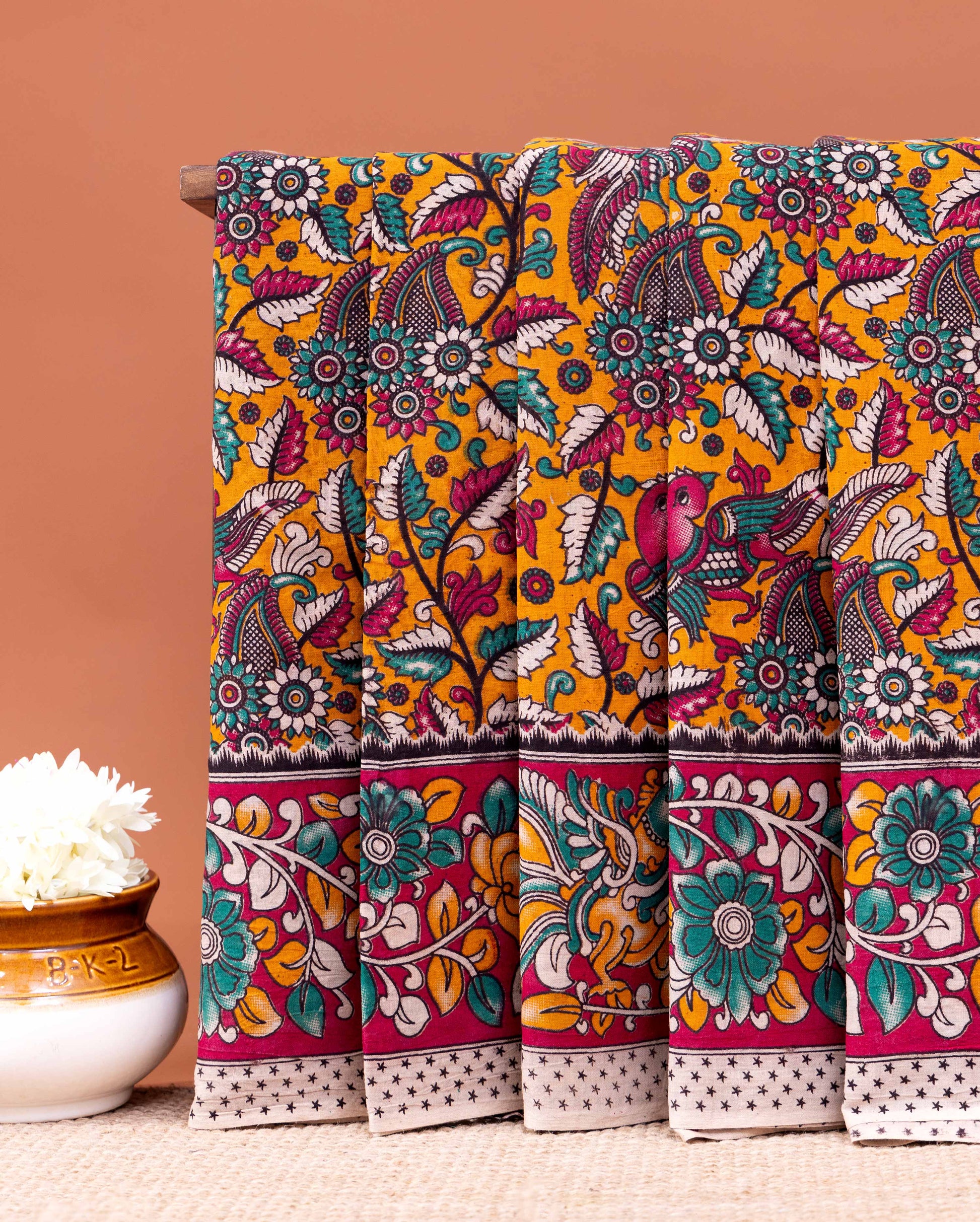 Traditional Kalamkari Hand-Painted Cotton Saree with Detailed Paisley and Floral Patterns- Orange