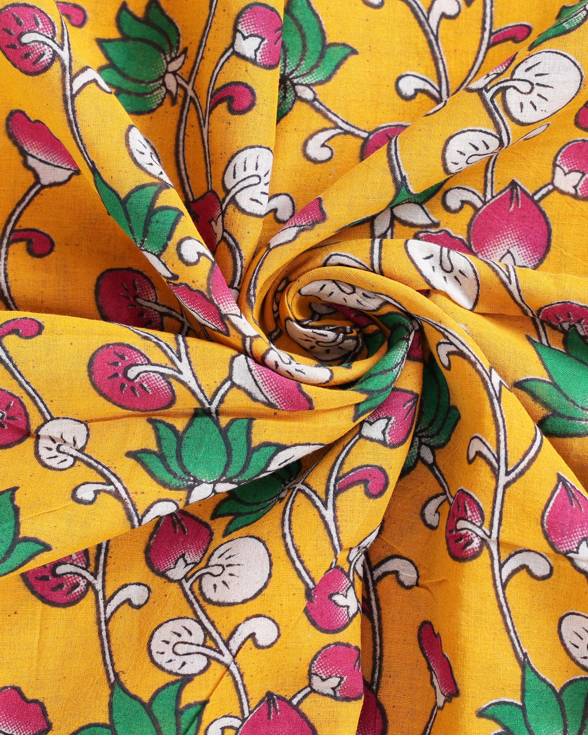 Traditional Kalamkari Hand-Painted Cotton Saree with Floral Motifs - Close