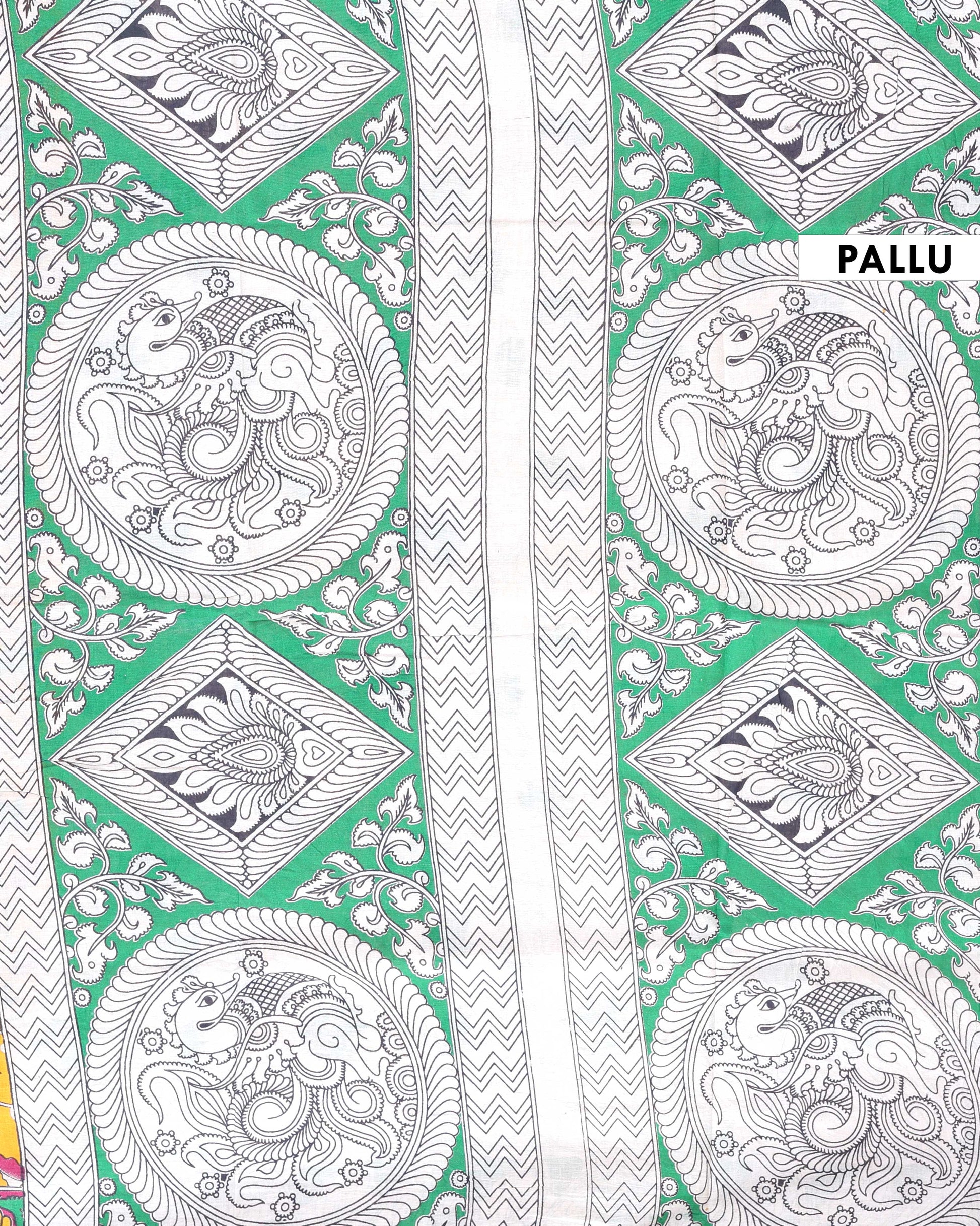 Traditional Kalamkari Hand-Painted Cotton Saree with Floral Motifs - Pallu