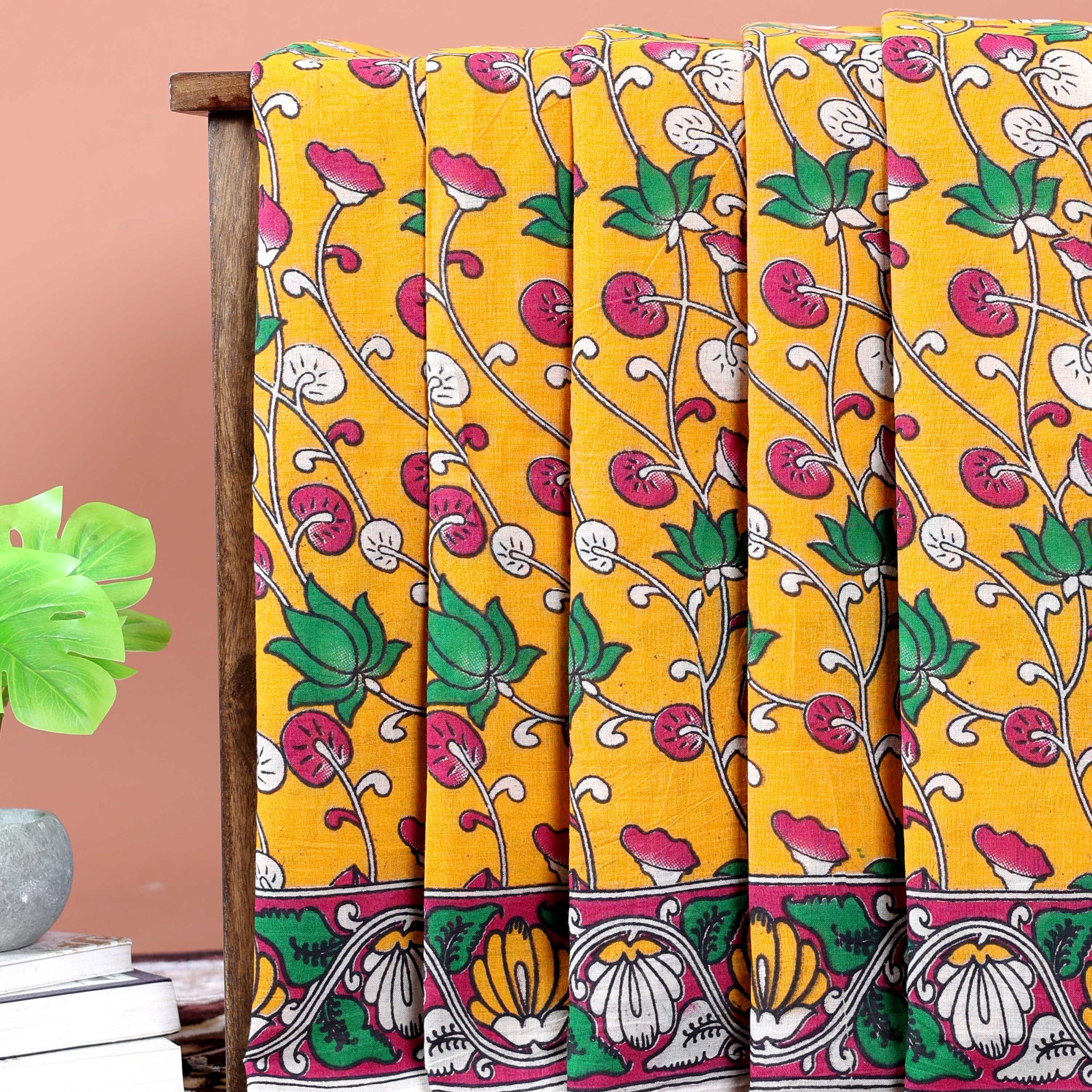 Traditional Kalamkari Hand-Painted Cotton Saree with Floral Motifs - Yellow 