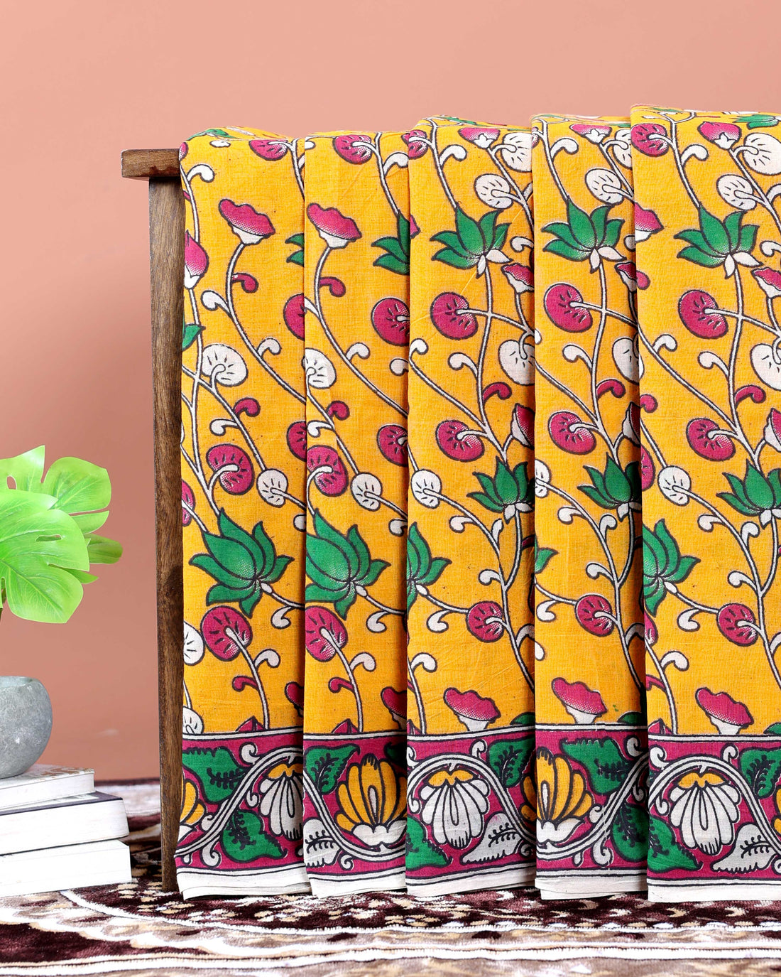 Traditional Kalamkari Hand-Painted Cotton Saree with Floral Motifs - Yellow 